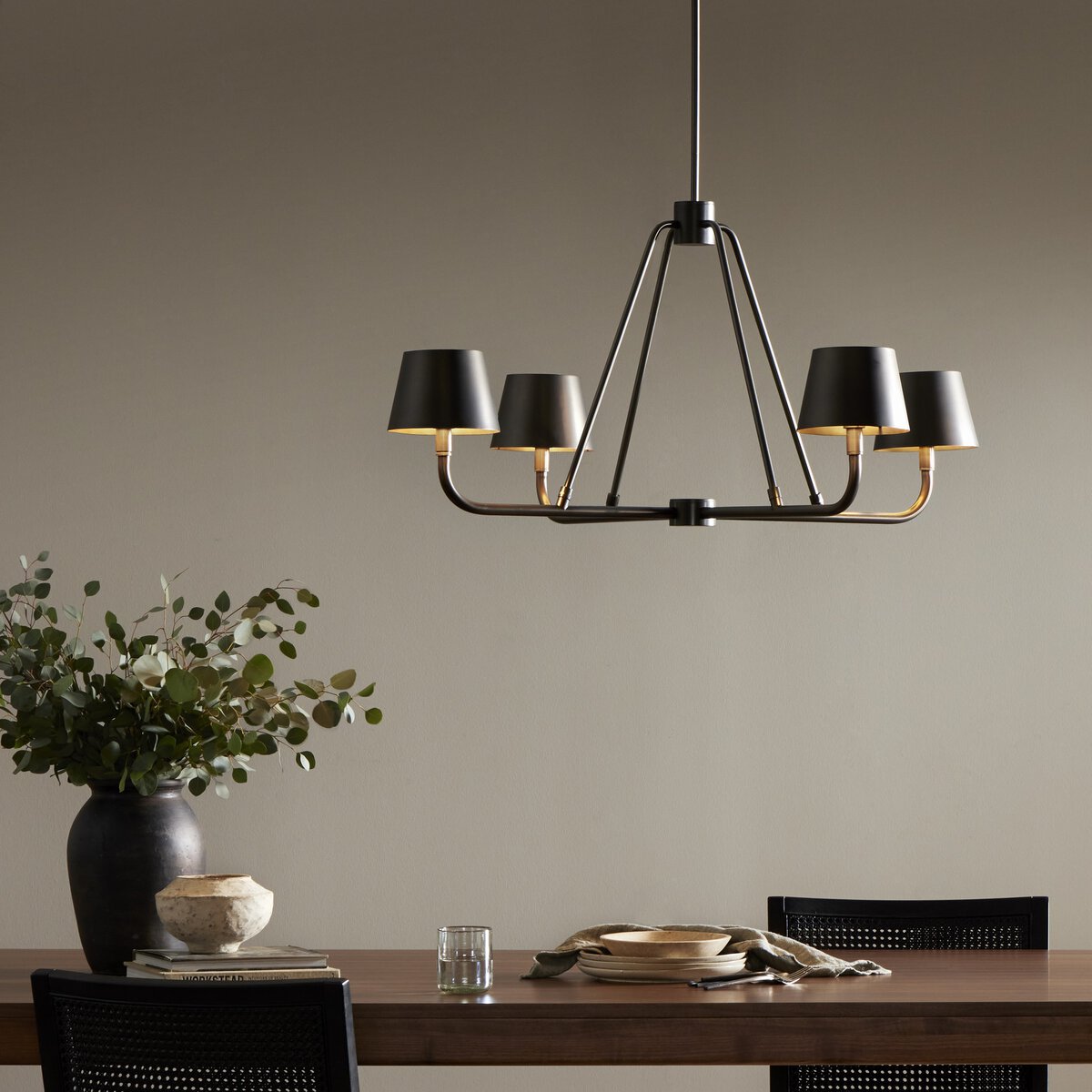 Dudley Brass Chandelier – Classic 4-Light Aged Brass Ceiling Light with Linen Shades