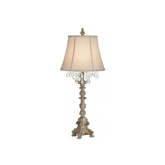 Duval Table Lamp – Classical Weathered Wood Candlestick Light with Crystal Droplets