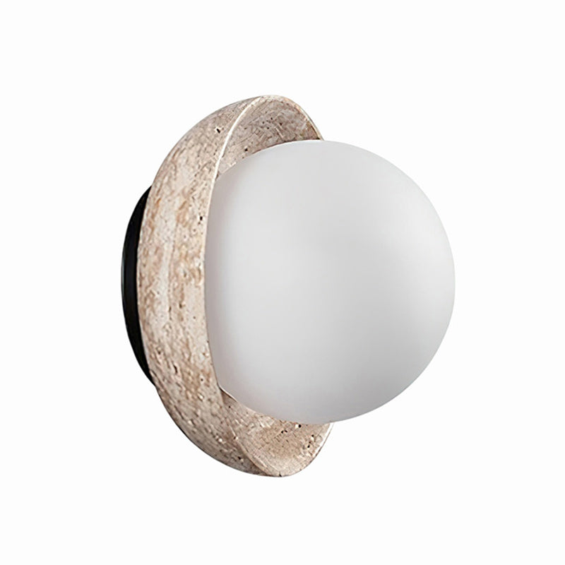 Eala Wall Lamp – Natural Travertine Stone & Glass Globe Wall Sconce
