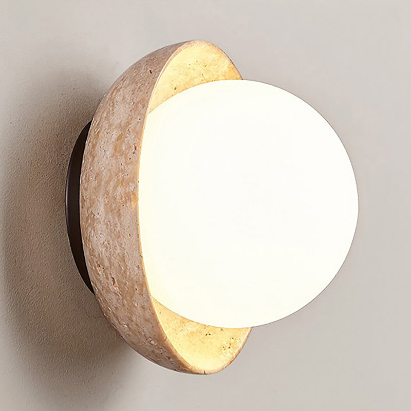 Eala Wall Lamp – Natural Travertine Stone & Glass Globe Wall Sconce