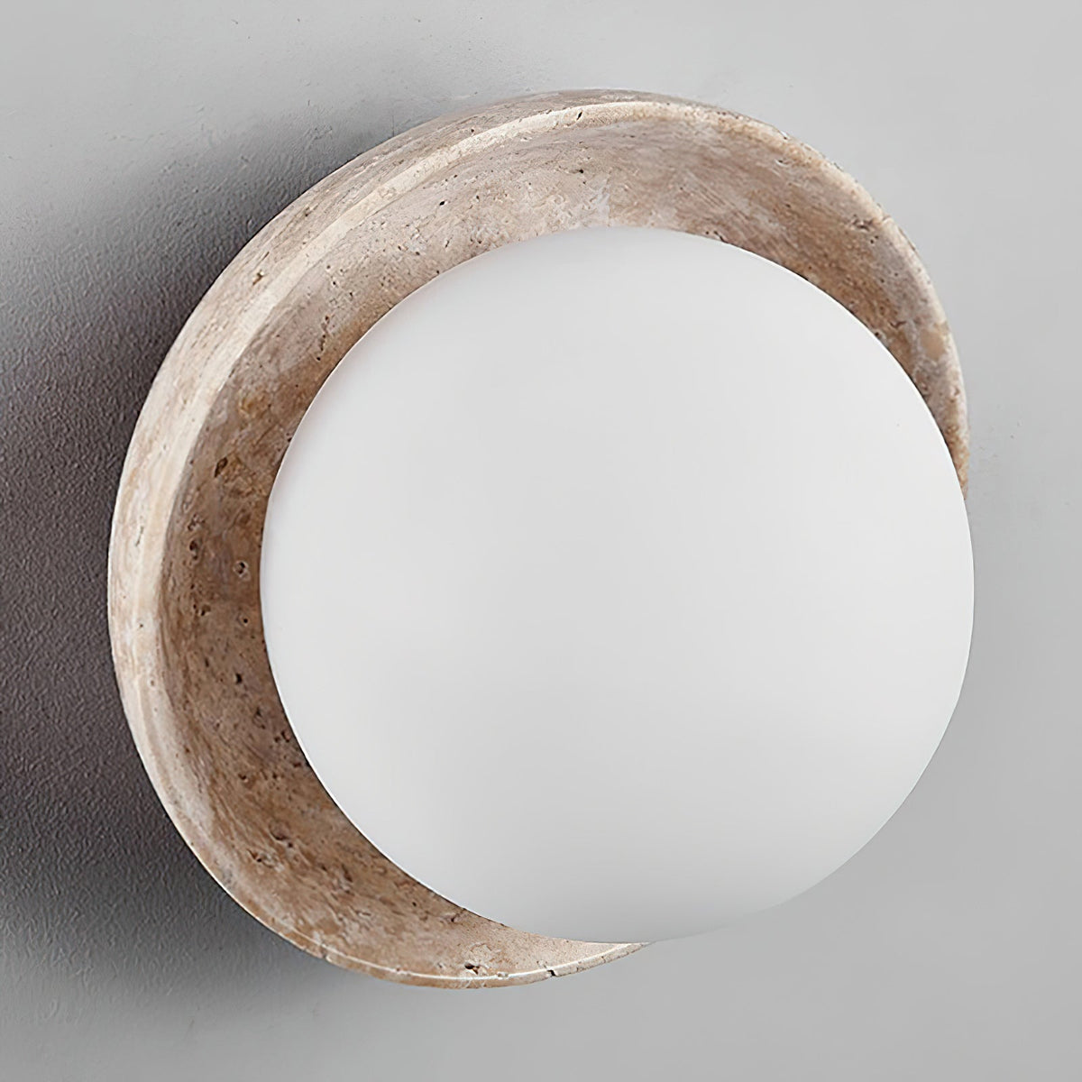 Eala Wall Lamp – Natural Travertine Stone & Glass Globe Wall Sconce