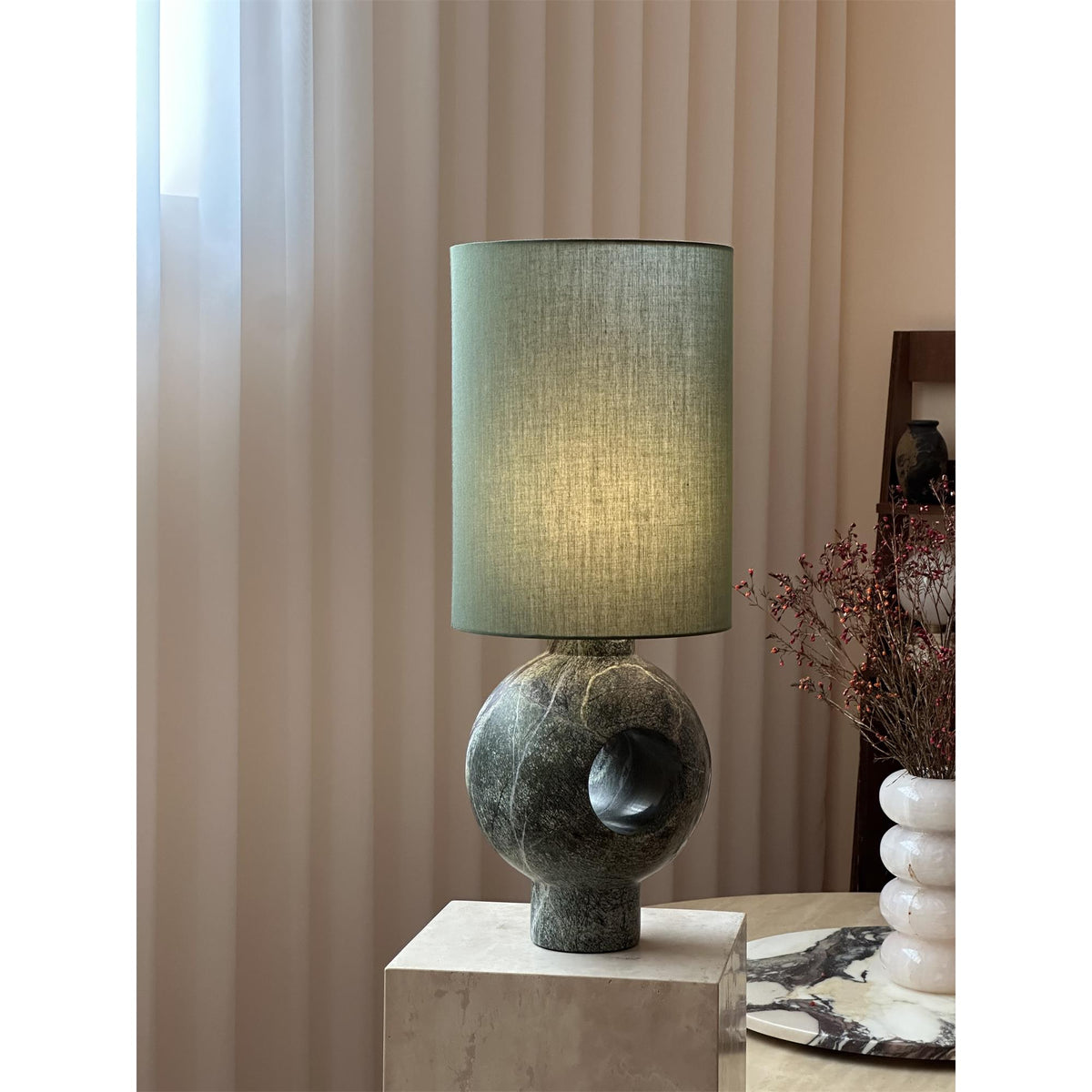 Editions Marble Table Lamp – Modern Sculptural Natural Marble & Fabric Desk Light