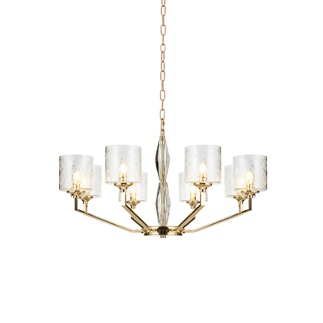 Eilon Chandelier – Modern Brass & Clear Cylindrical Glass Chandelier