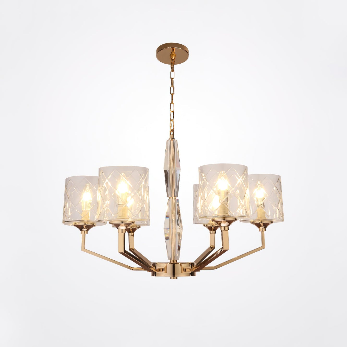 Eilon Chandelier – Modern Brass & Clear Cylindrical Glass Chandelier