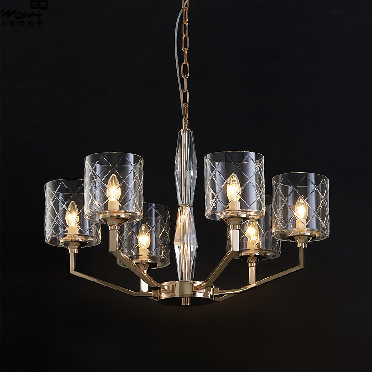 Eilon Chandelier – Modern Brass & Clear Cylindrical Glass Chandelier