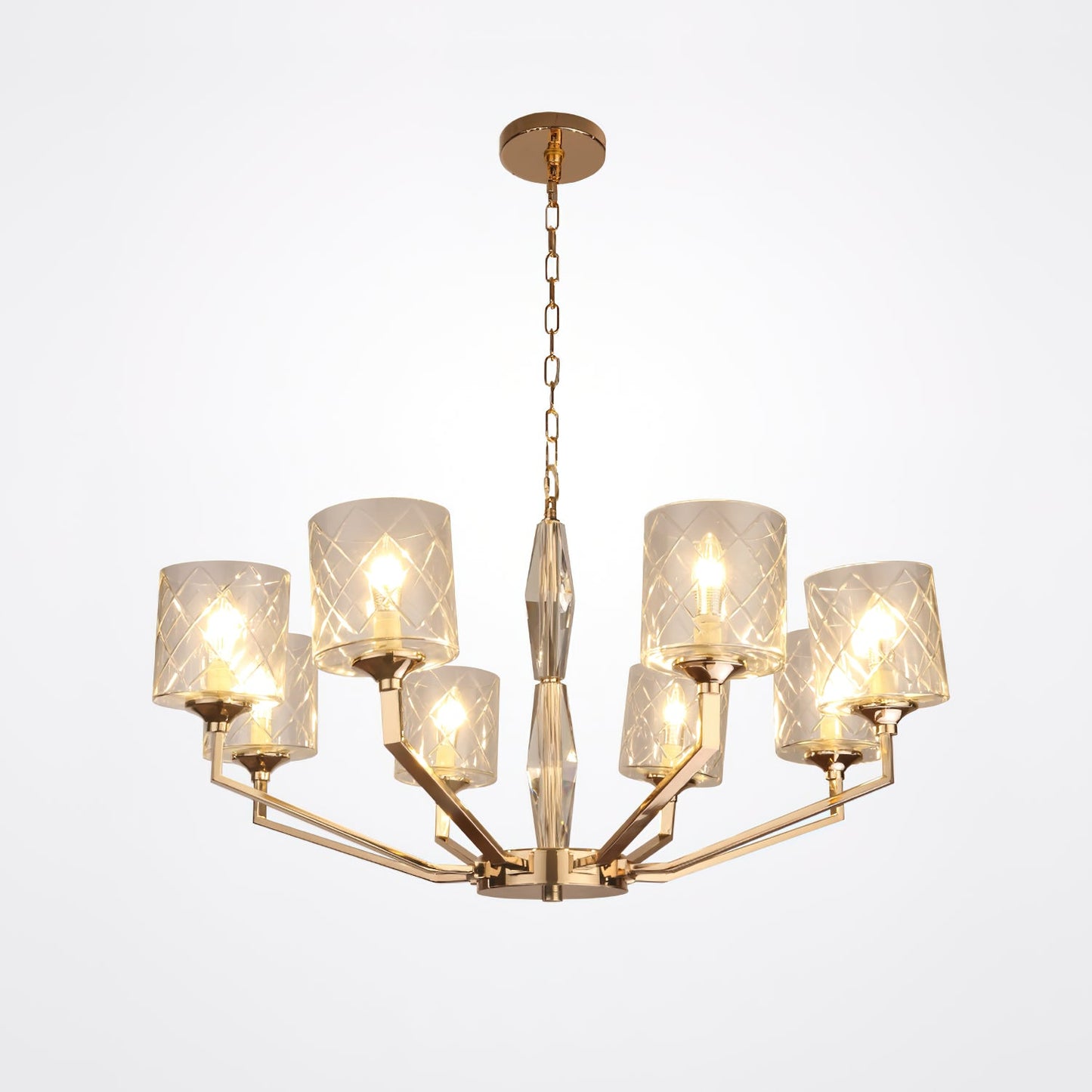 Eilon Chandelier – Modern Brass & Clear Cylindrical Glass Chandelier