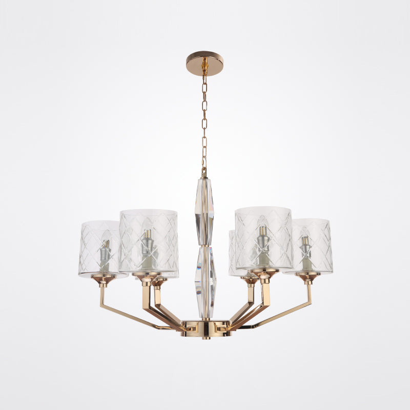 Eilon Chandelier – Modern Brass & Clear Cylindrical Glass Chandelier