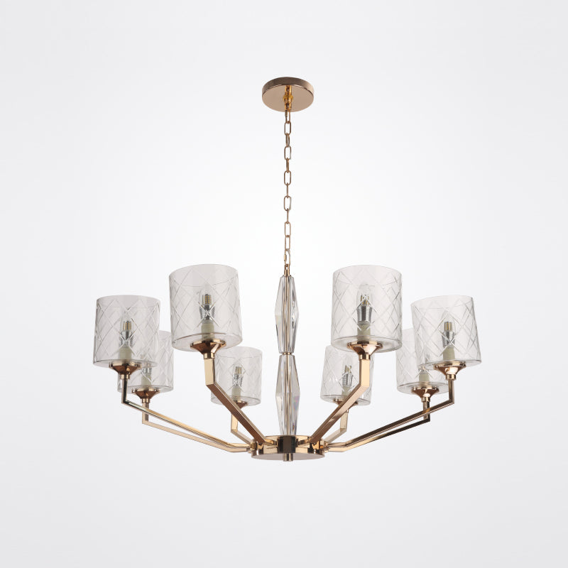 Eilon Chandelier – Modern Brass & Clear Cylindrical Glass Chandelier