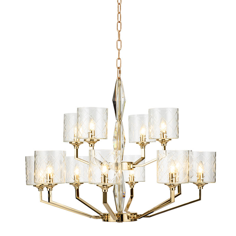 Eilon Chandelier – Modern Brass & Clear Cylindrical Glass Chandelier