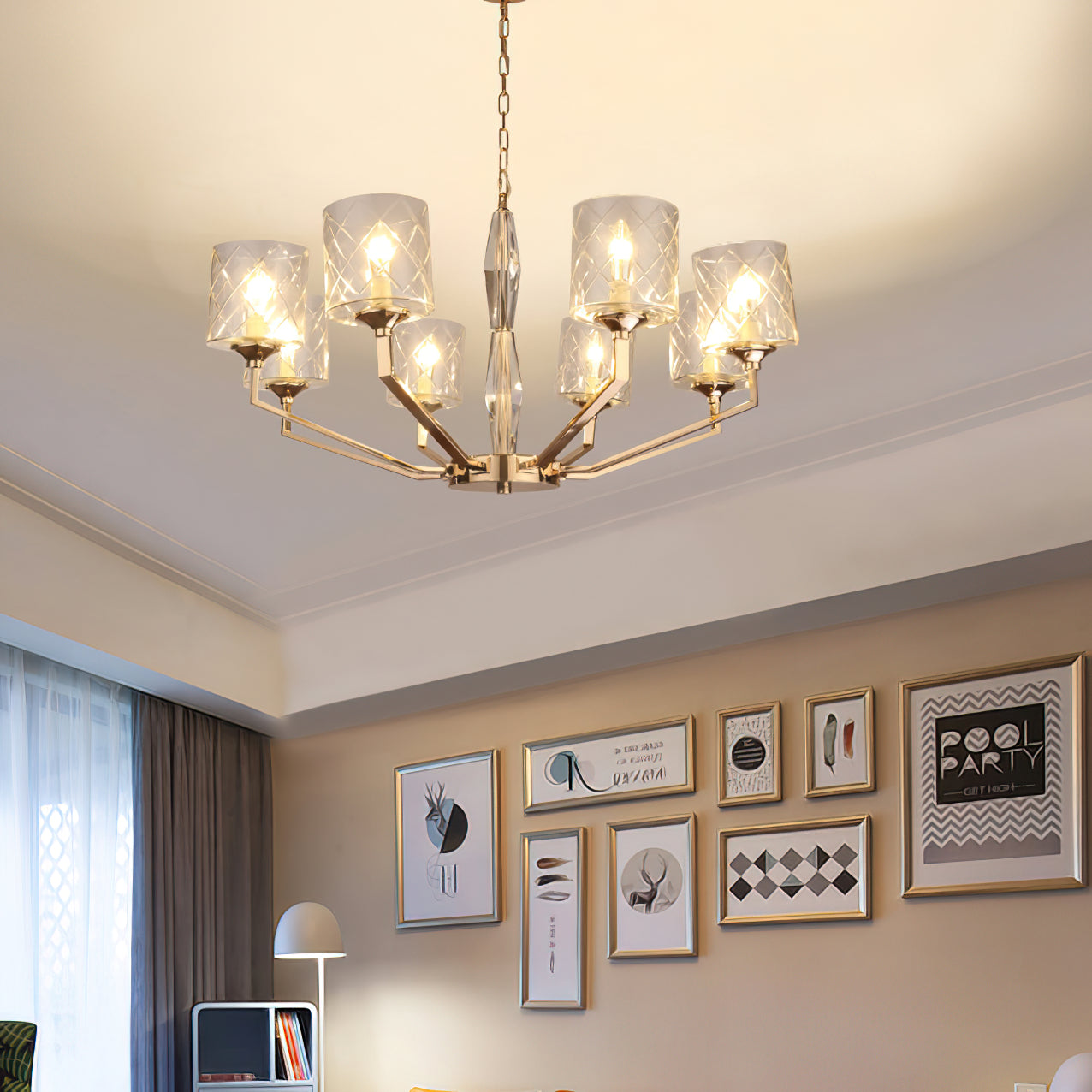 Eilon Chandelier – Modern Brass & Clear Cylindrical Glass Chandelier