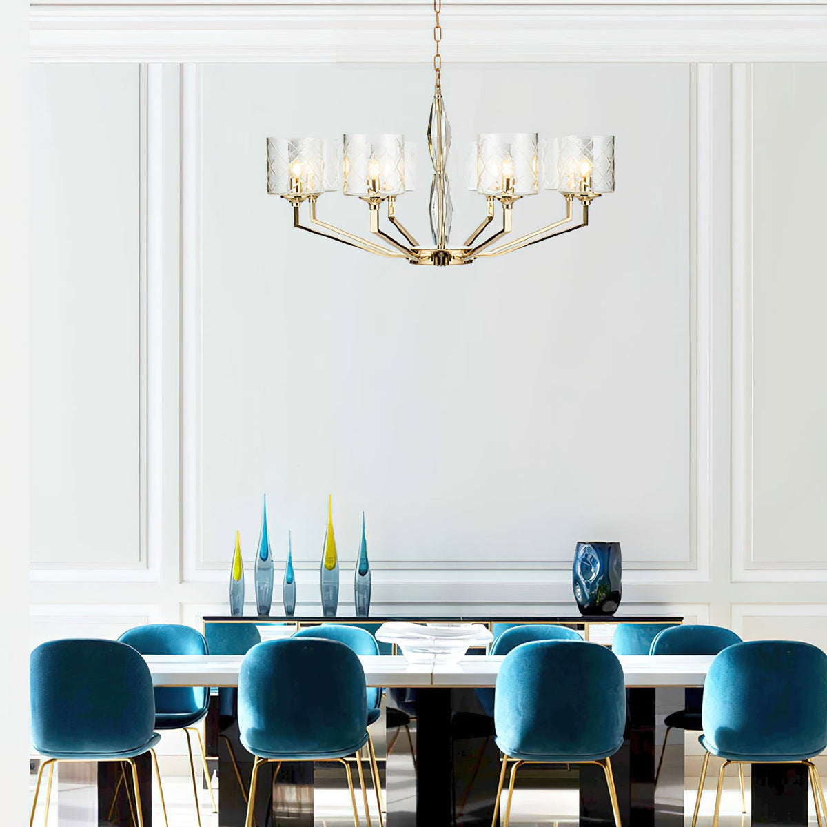 Eilon Chandelier – Modern Brass & Clear Cylindrical Glass Chandelier