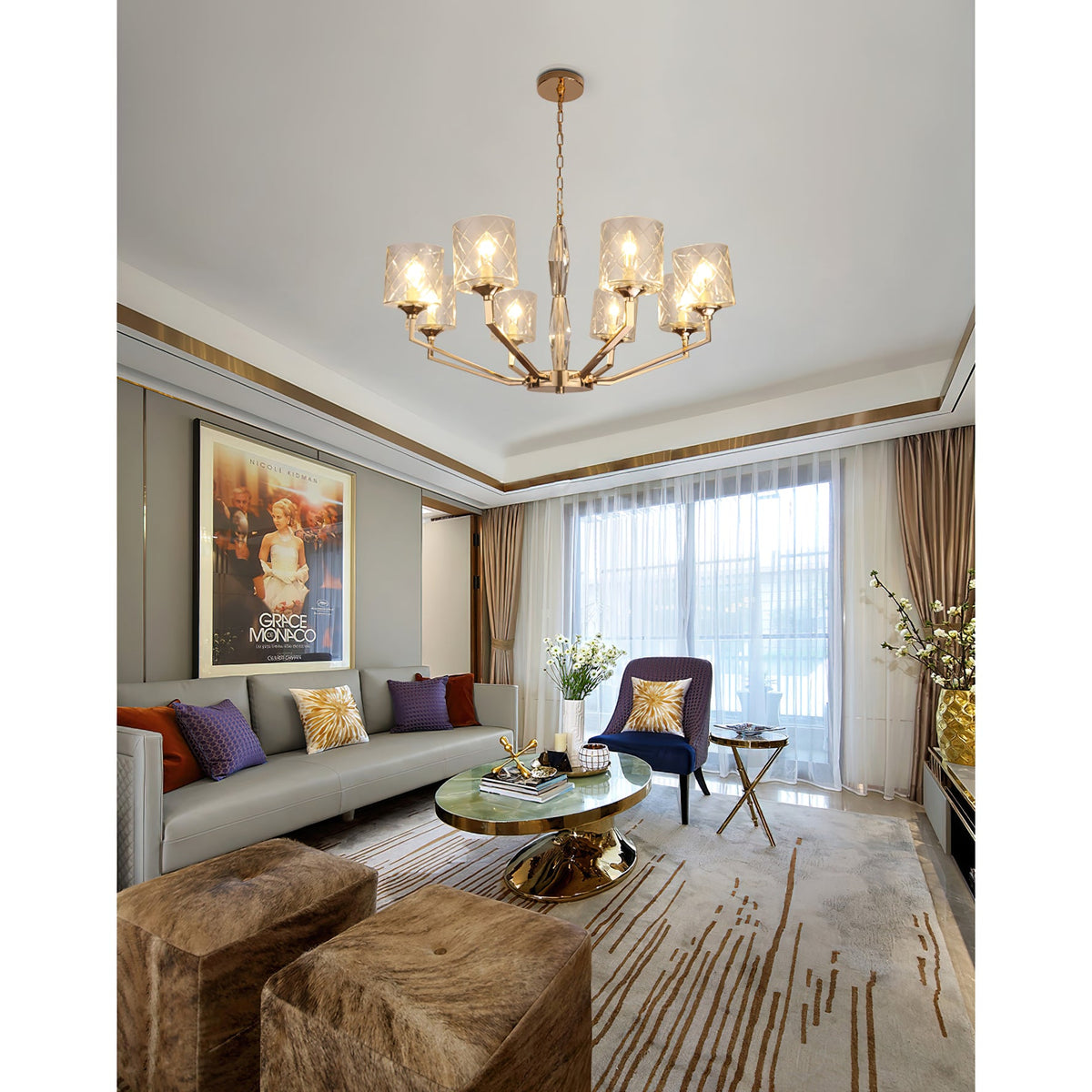 Eilon Chandelier – Modern Brass & Clear Cylindrical Glass Chandelier