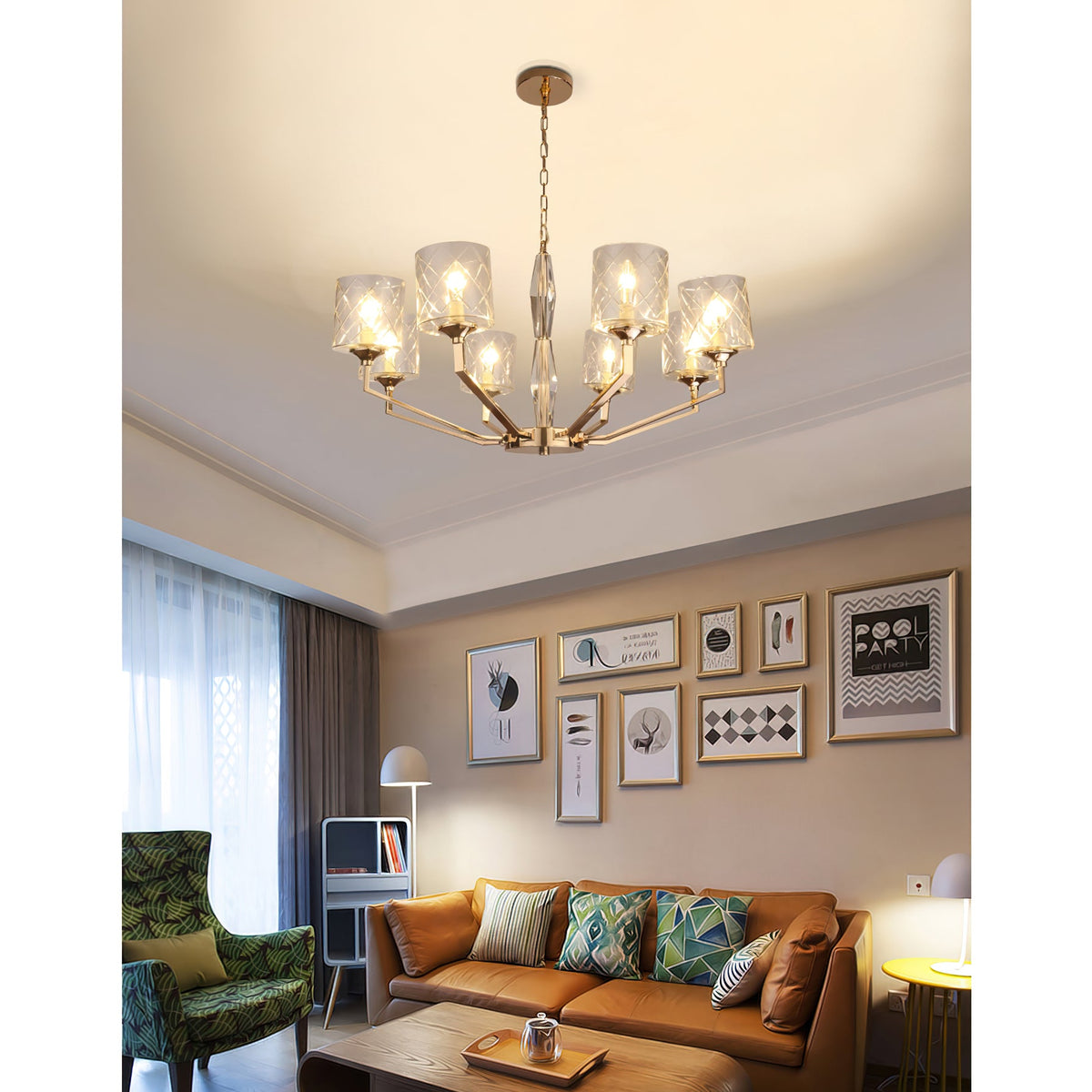 Eilon Chandelier – Modern Brass & Clear Cylindrical Glass Chandelier