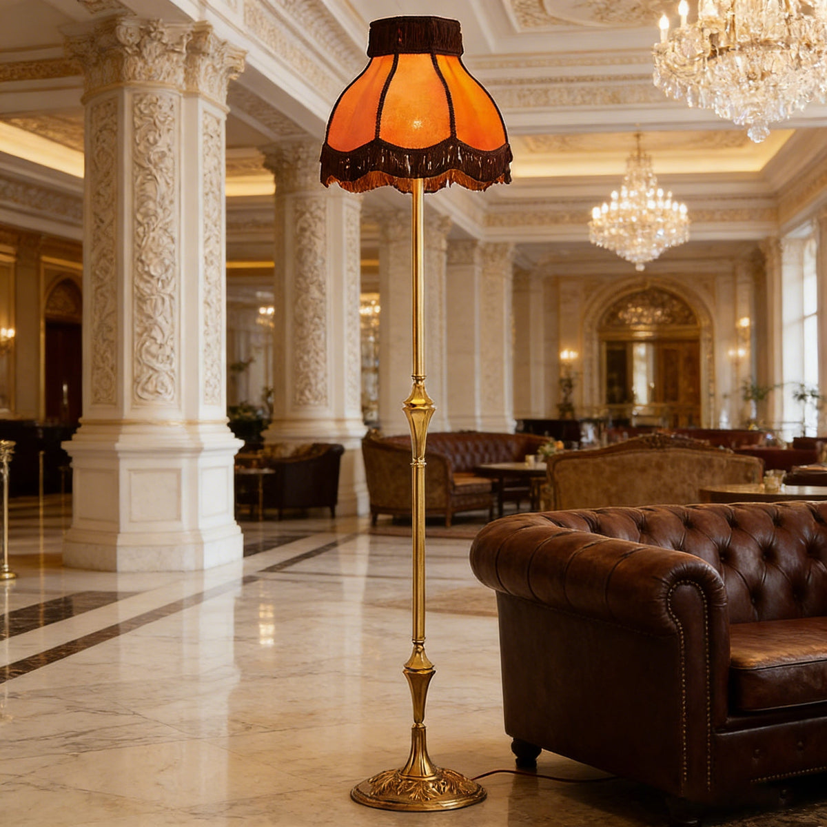 Elizabeth Floor Lamp – Classic Brass & Rich Orange Fabric Floor Light with Decorative Tassel