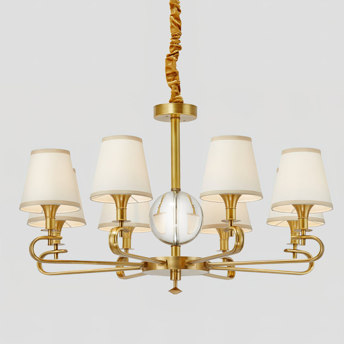 Emilea Chandelier – Classic Brass Multi-Arm Light with Crystal Accents & Fabric Shades