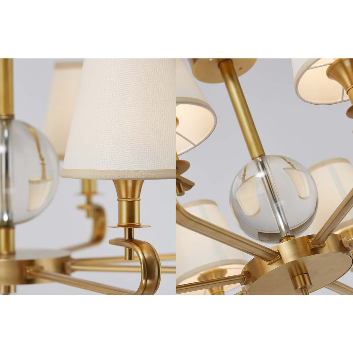 Emilea Chandelier – Classic Brass Multi-Arm Light with Crystal Accents & Fabric Shades