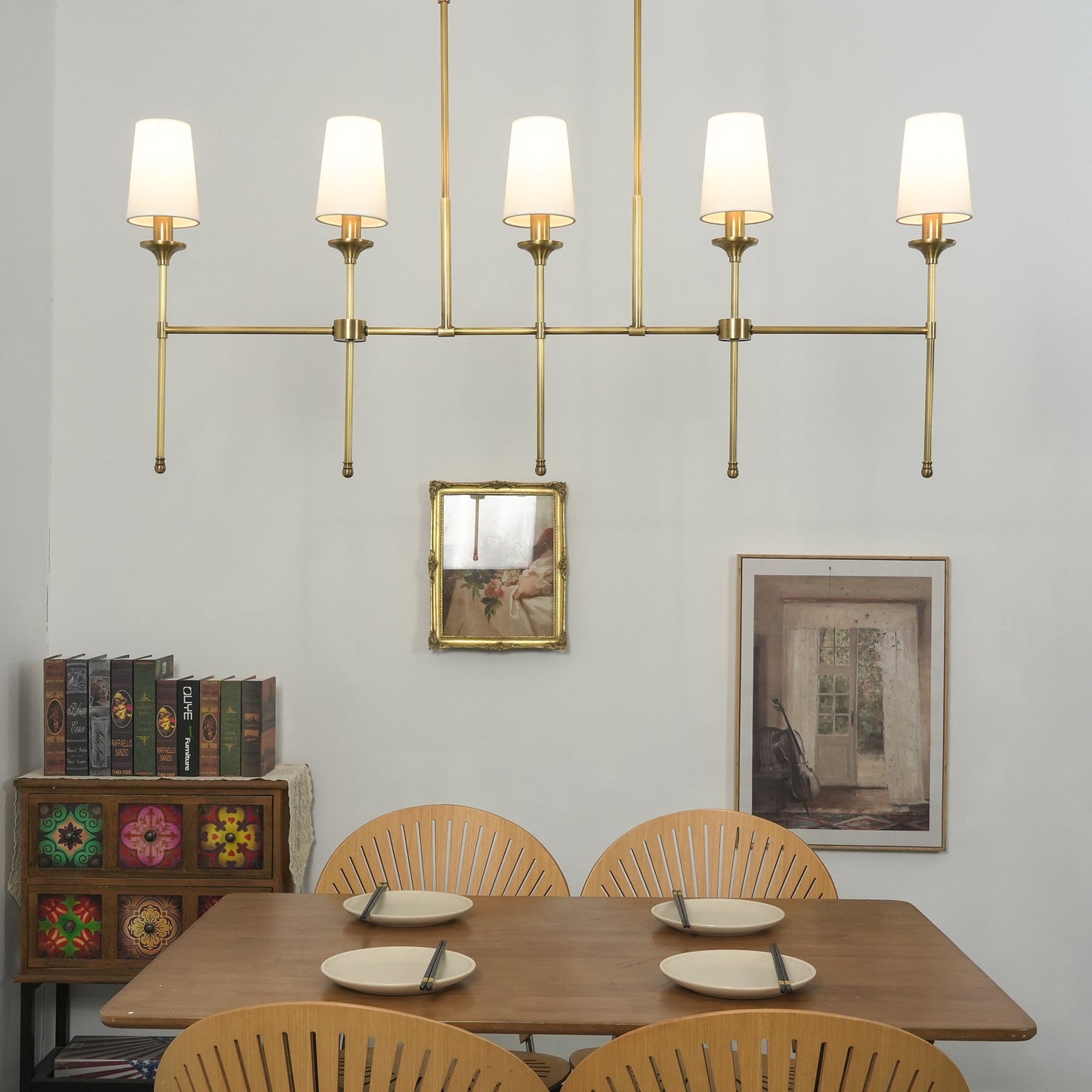 Emily Linear Chandelier – Modern Brass & Fabric Shade Island Light