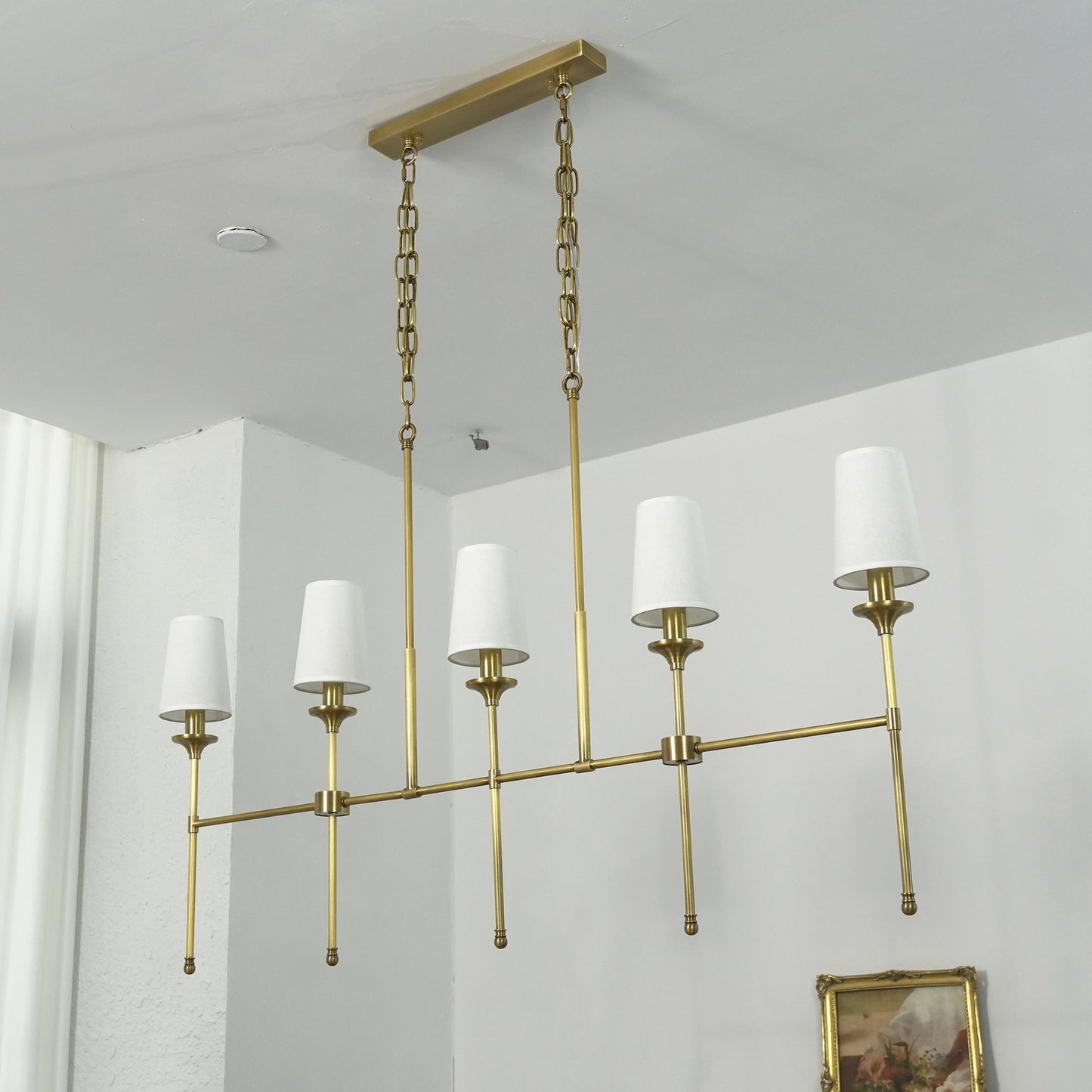 Emily Linear Chandelier – Modern Brass & Fabric Shade Island Light
