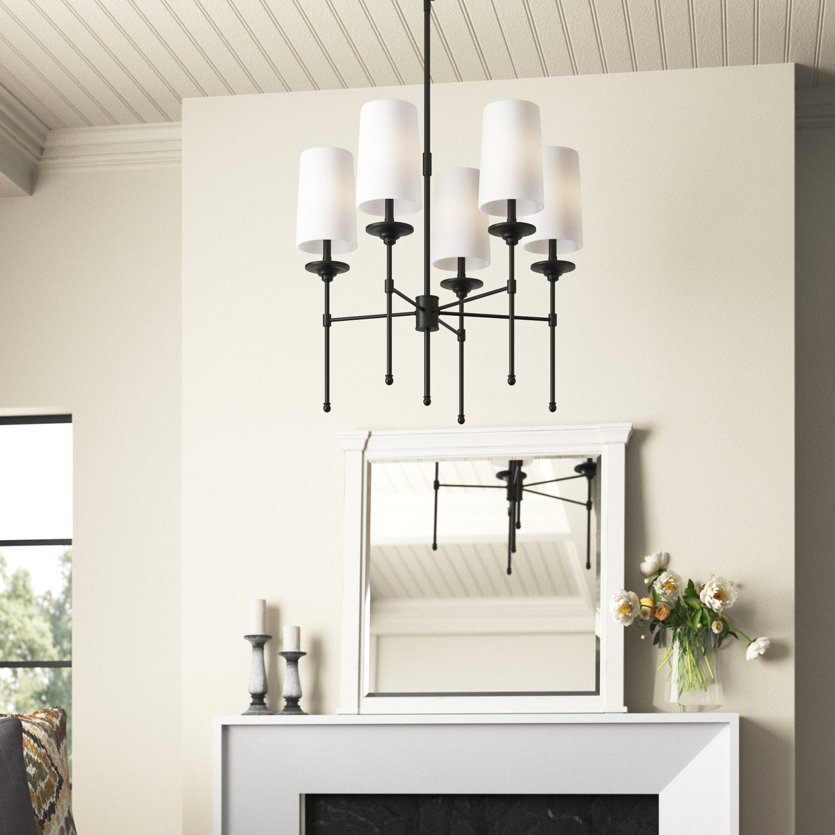 Emily Chandelier – Classic Brass Candelabra Light with Fabric Empire Shades