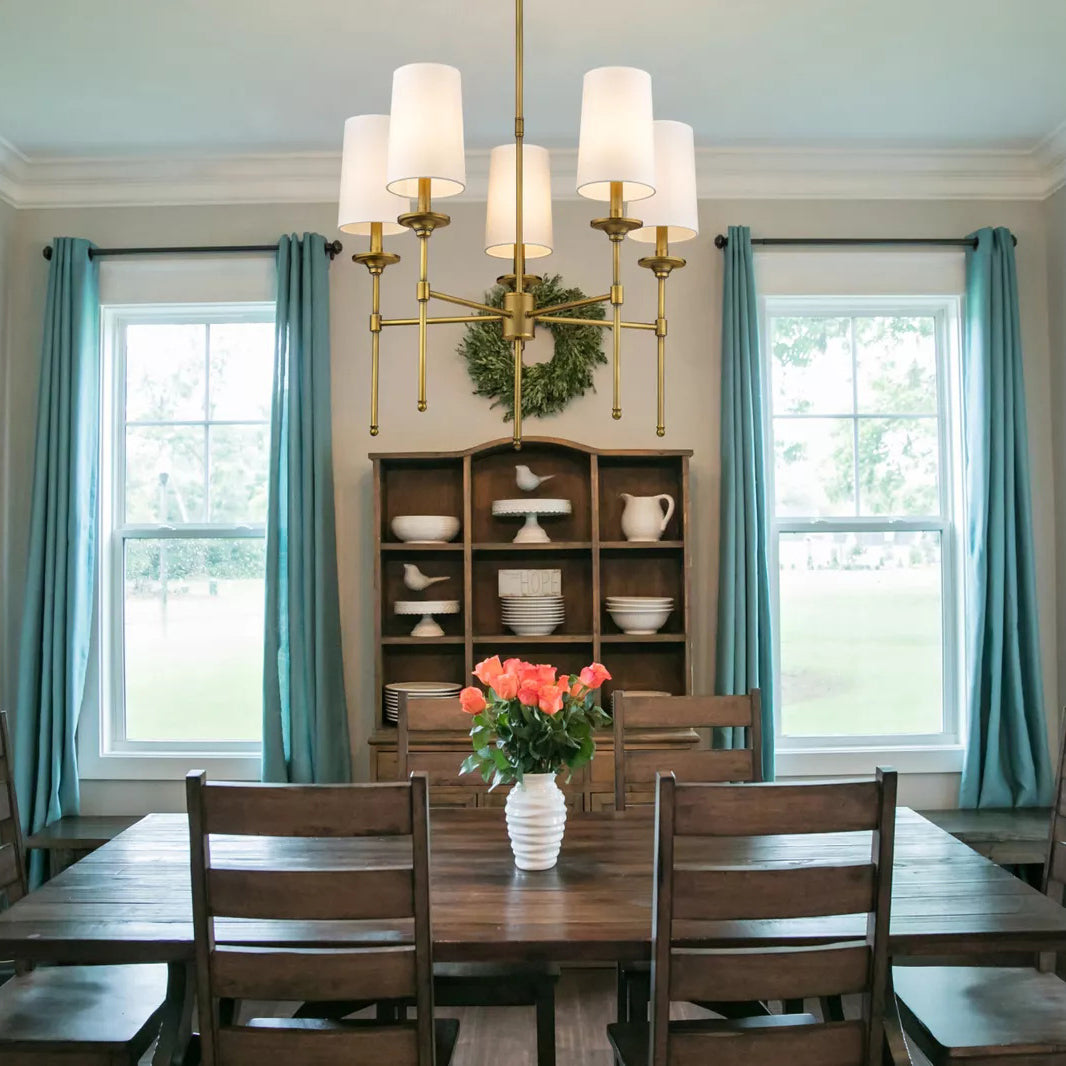 Emily Chandelier – Classic Brass Candelabra Light with Fabric Empire Shades