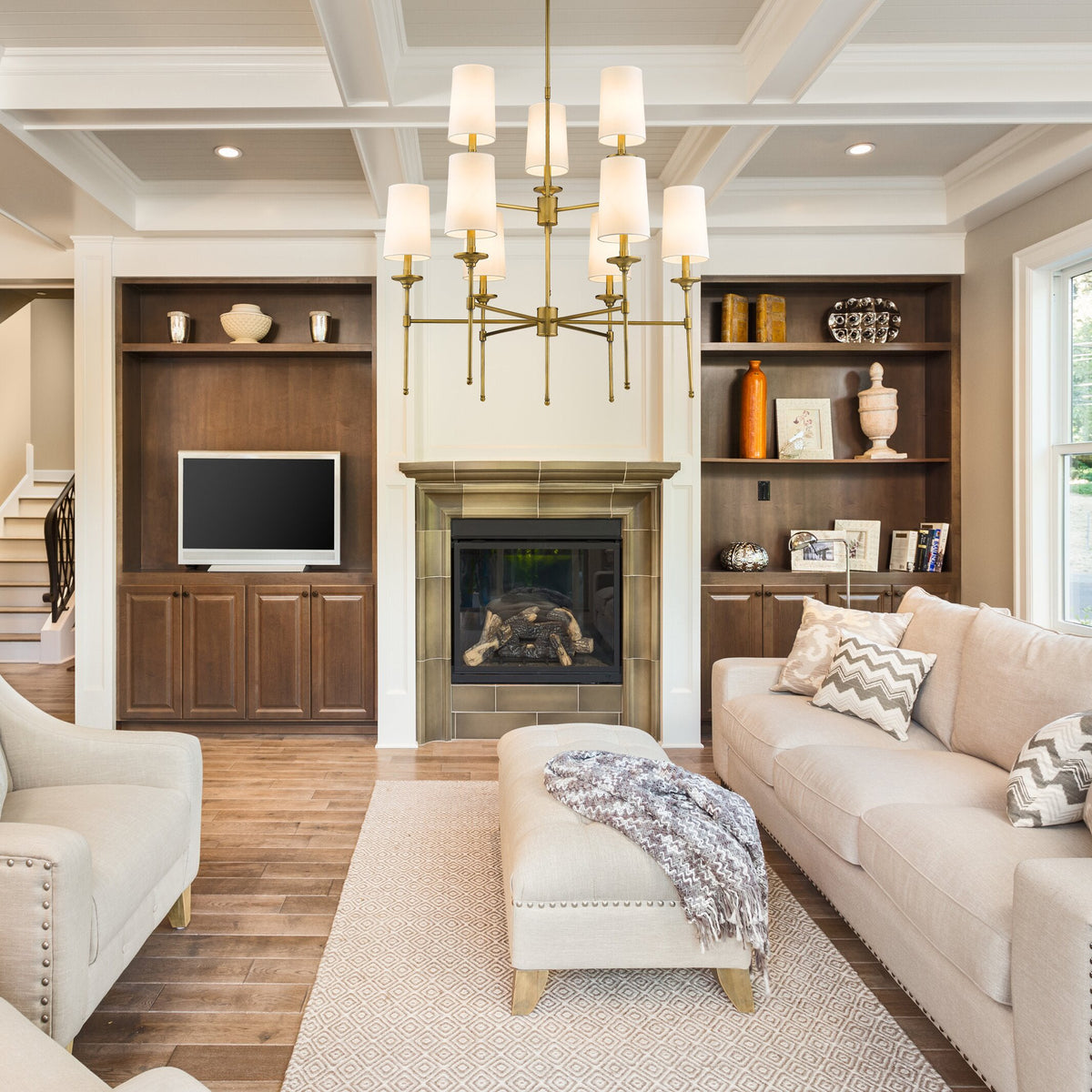 Emily Chandelier – Classic Brass Candelabra Light with Fabric Empire Shades