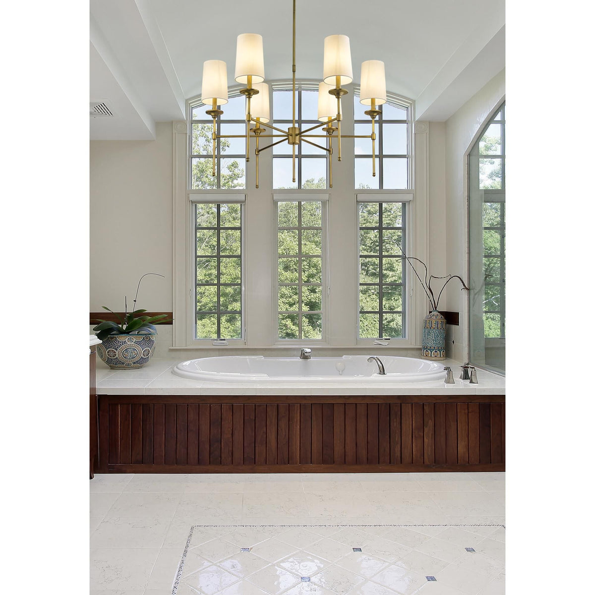 Emily Chandelier – Classic Brass Candelabra Light with Fabric Empire Shades