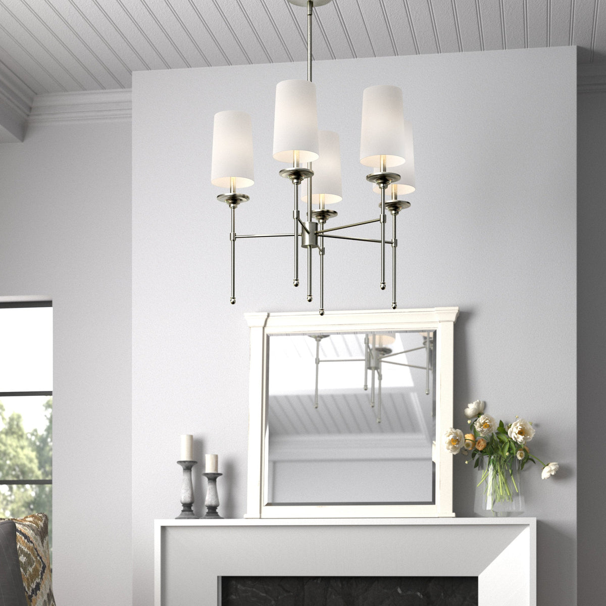 Emily Chandelier – Classic Brass Candelabra Light with Fabric Empire Shades