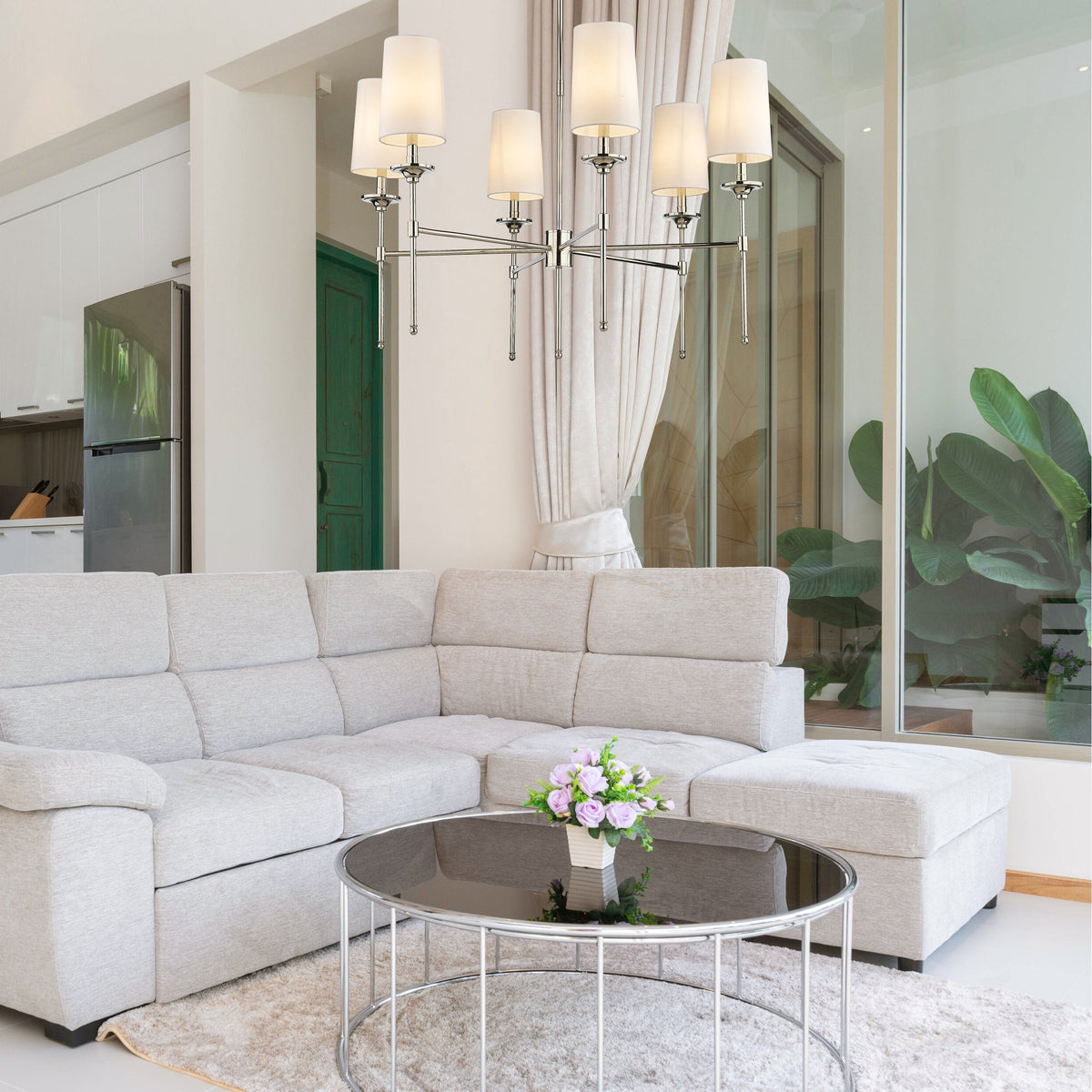 Emily Chandelier – Classic Brass Candelabra Light with Fabric Empire Shades