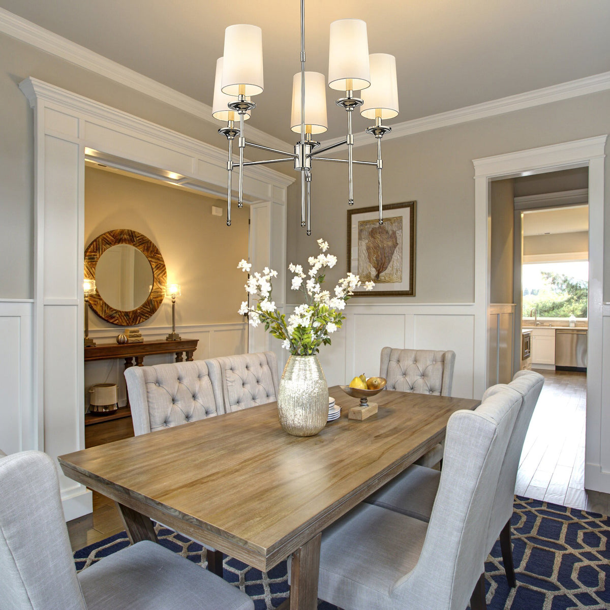 Emily Chandelier – Classic Brass Candelabra Light with Fabric Empire Shades