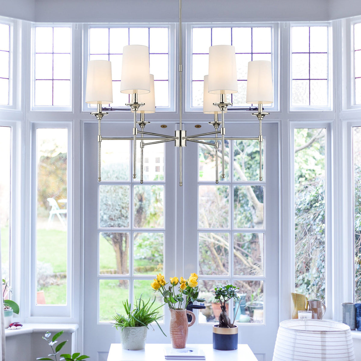Emily Chandelier – Classic Brass Candelabra Light with Fabric Empire Shades