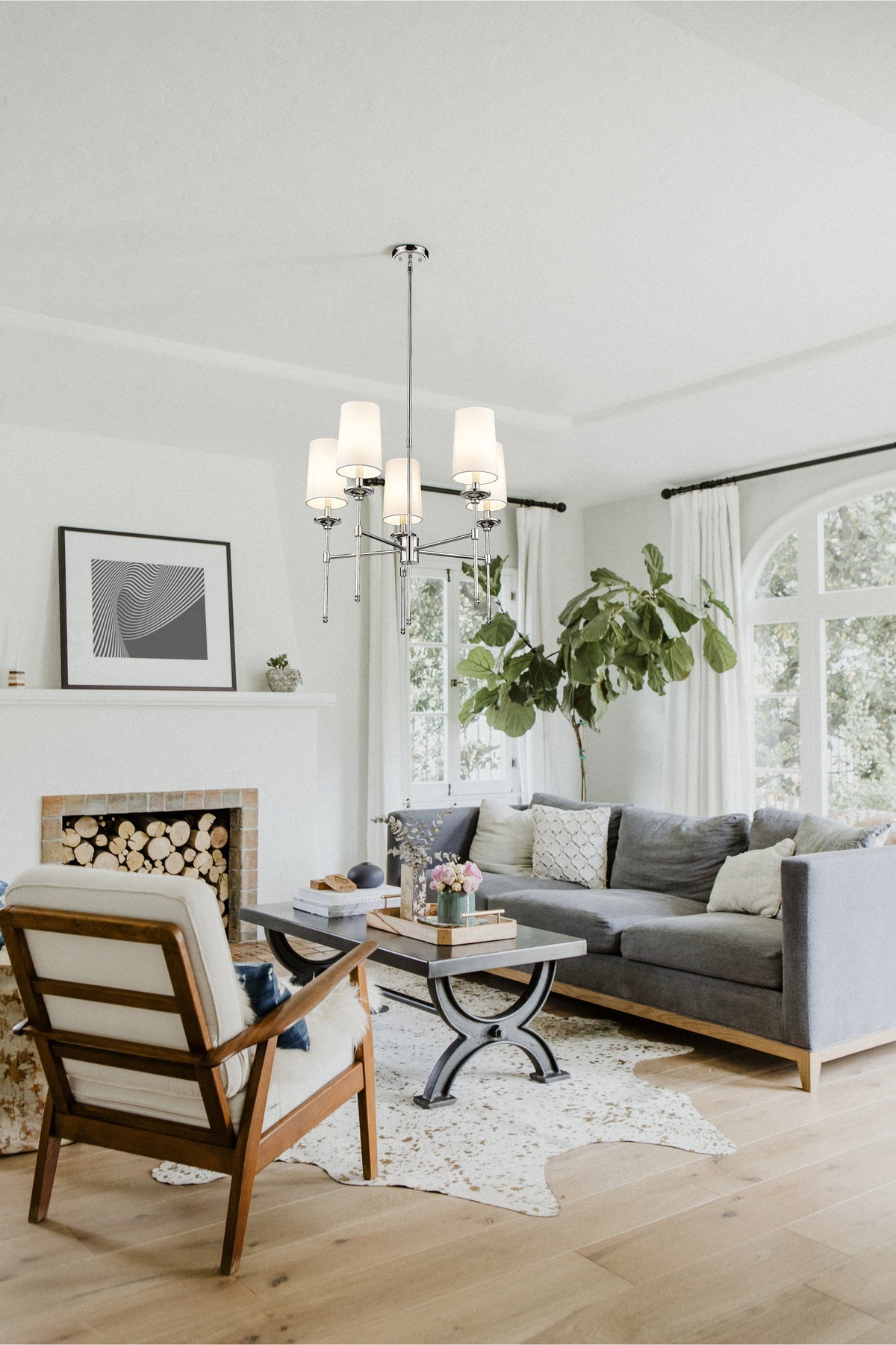 Emily Chandelier – Classic Brass Candelabra Light with Fabric Empire Shades