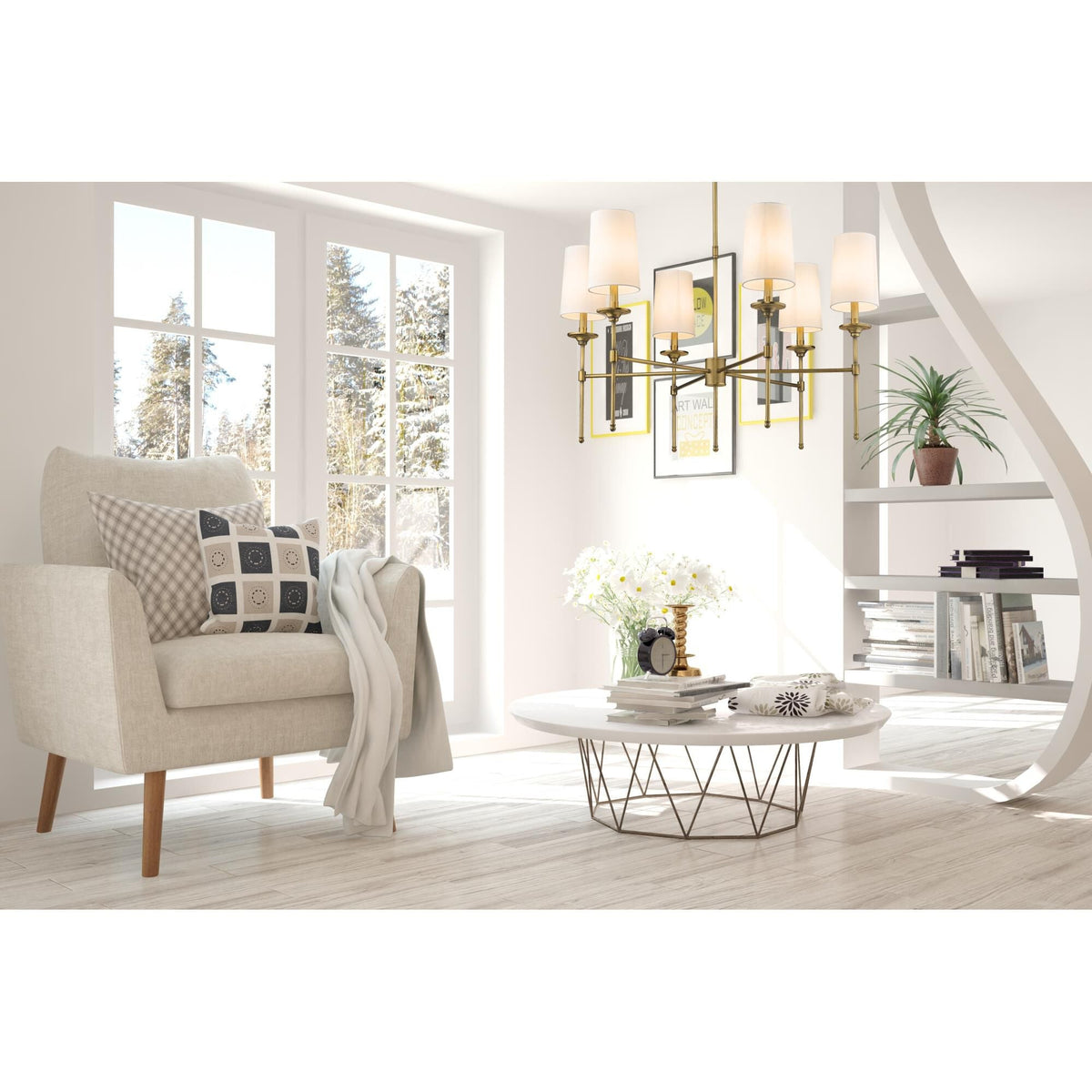 Emily Chandelier – Classic Brass Candelabra Light with Fabric Empire Shades