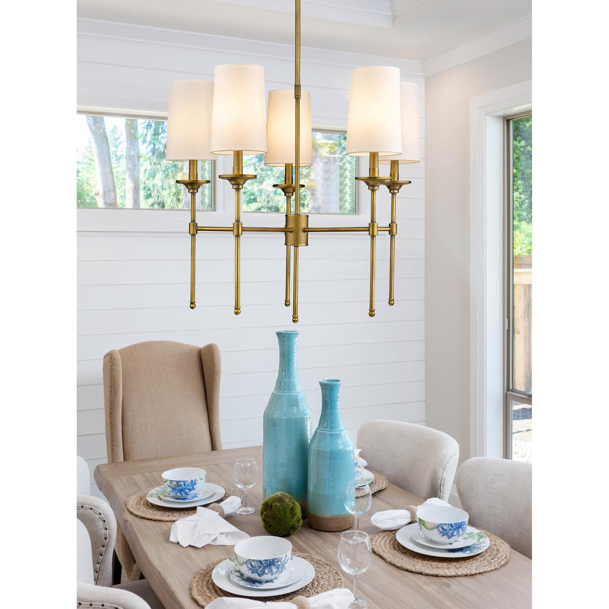 Emily Chandelier – Classic Brass Candelabra Light with Fabric Empire Shades