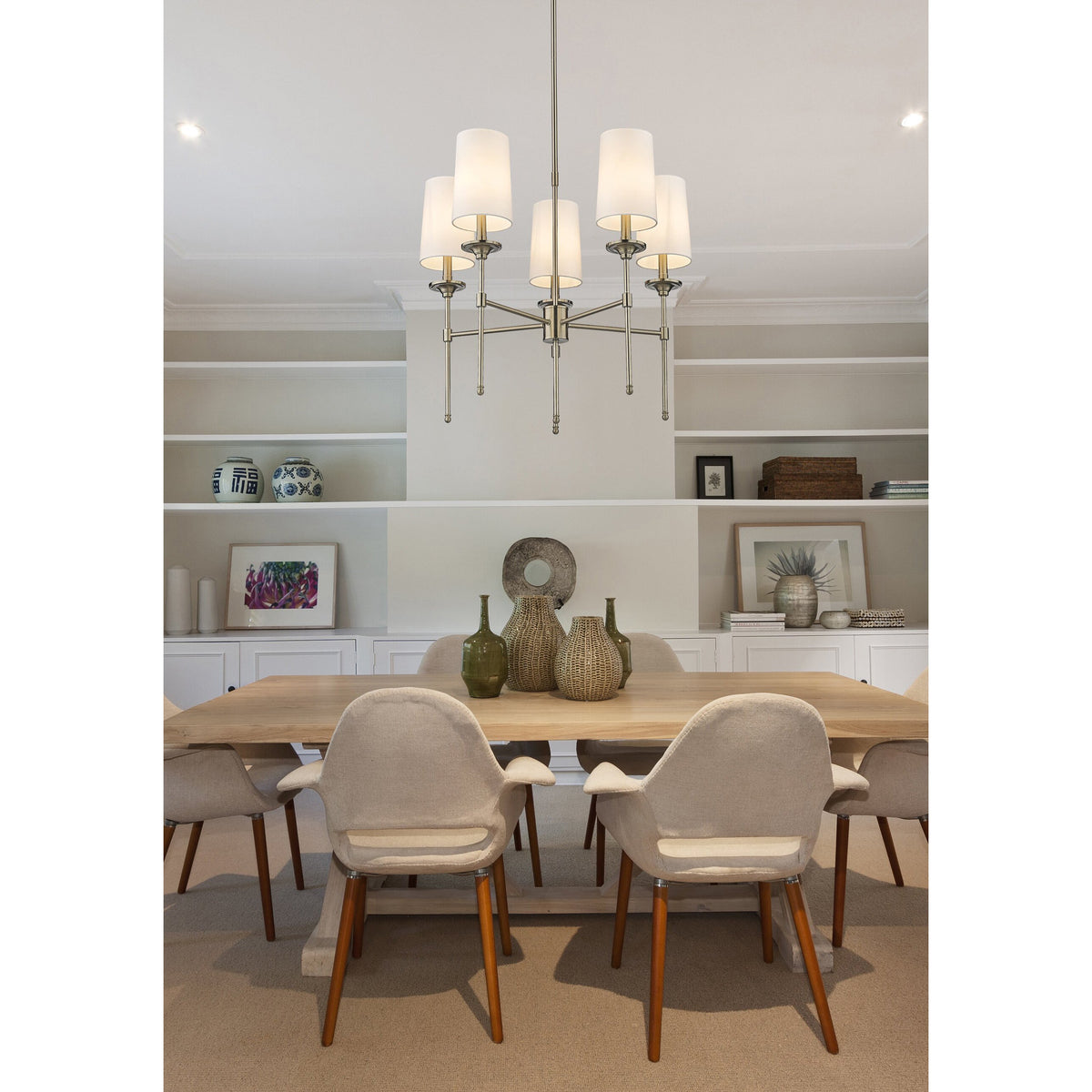Emily Chandelier – Classic Brass Candelabra Light with Fabric Empire Shades