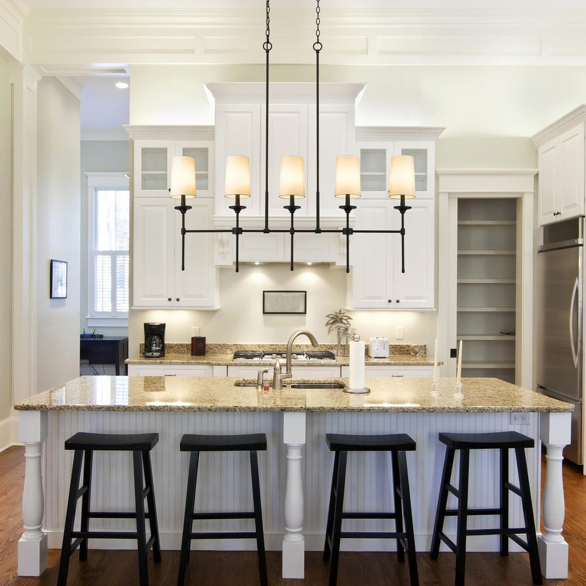 Emily Linear Chandelier – Modern Brass & Fabric Shade Island Light