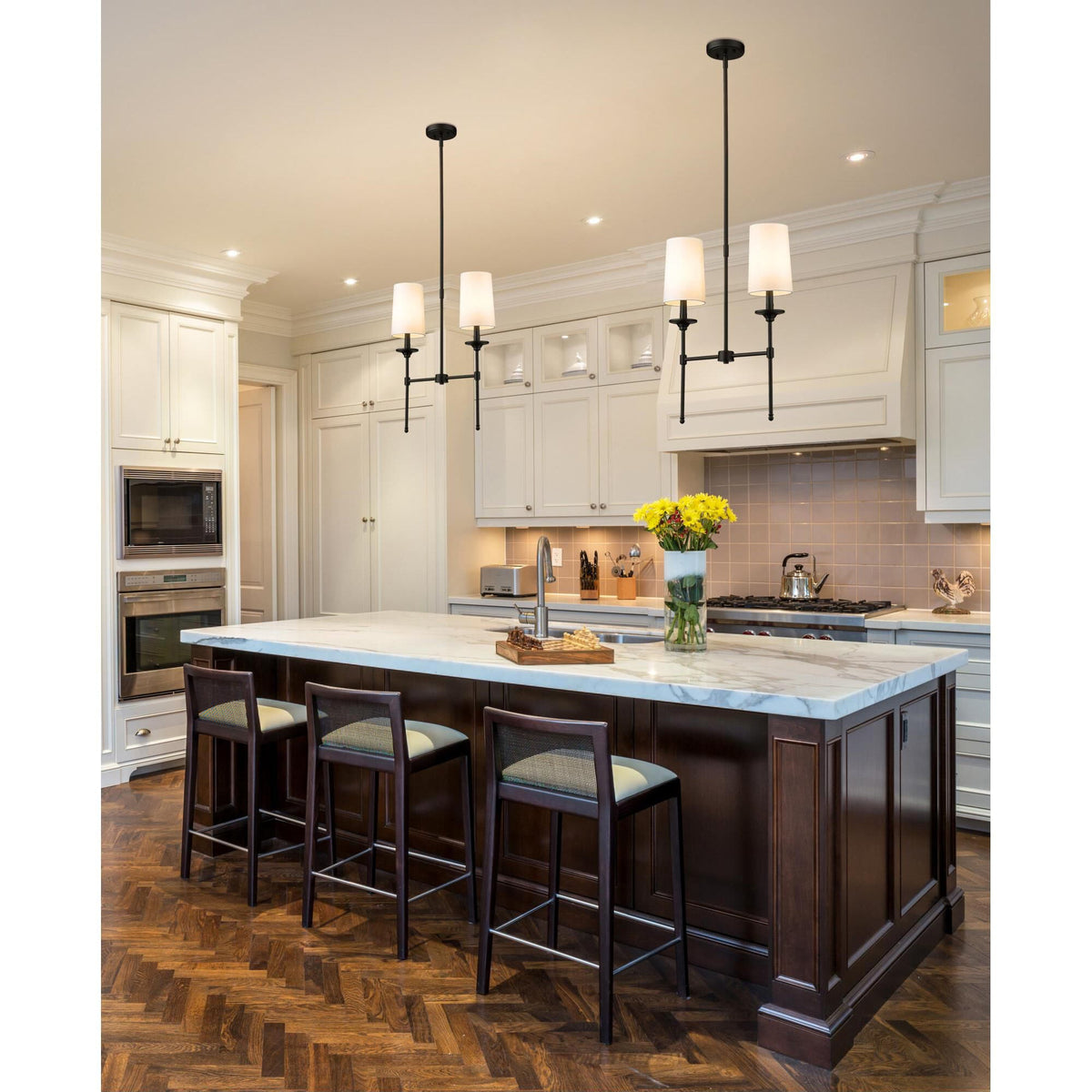 Emily Linear Chandelier – Modern Brass & Fabric Shade Island Light