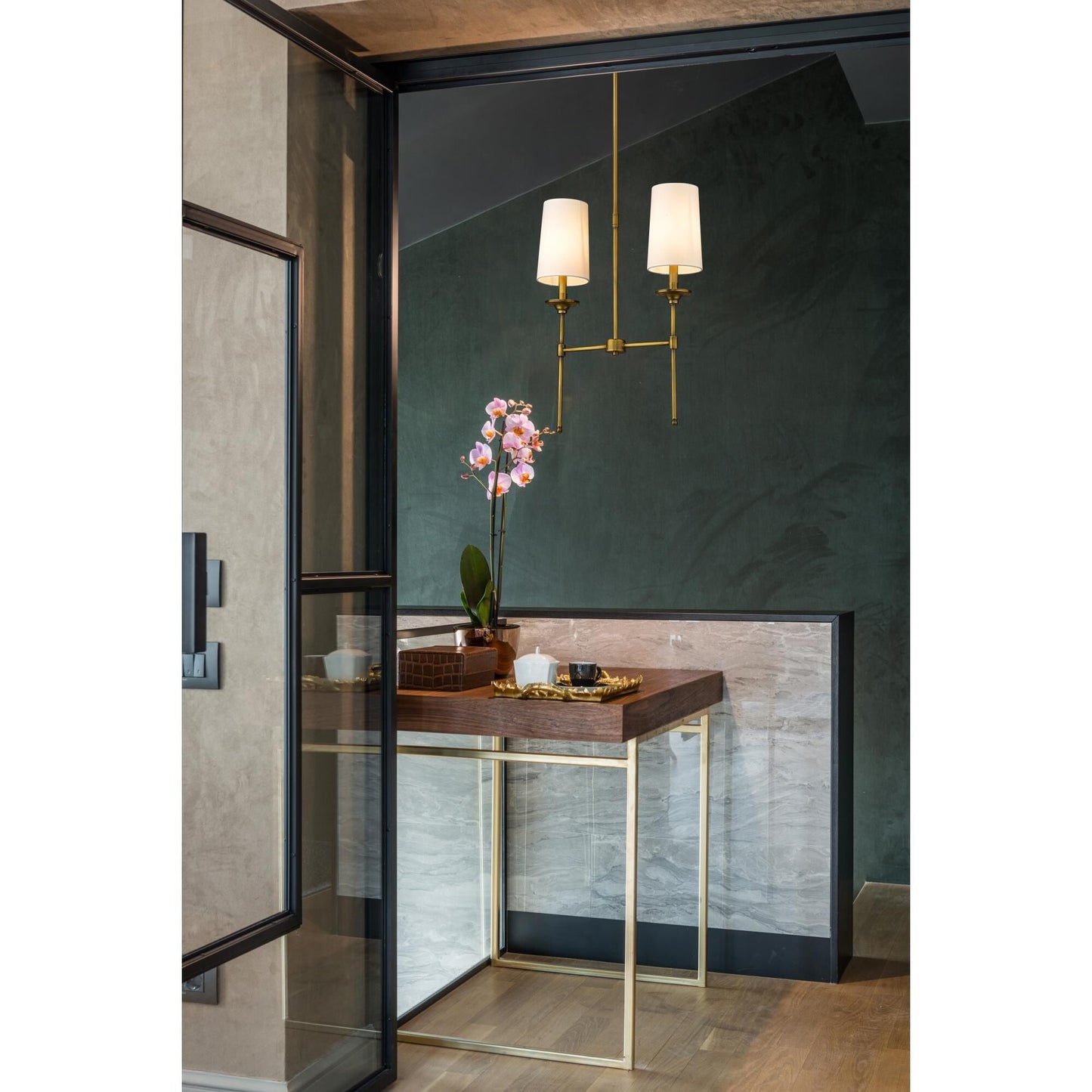 Emily Linear Chandelier – Modern Brass & Fabric Shade Island Light