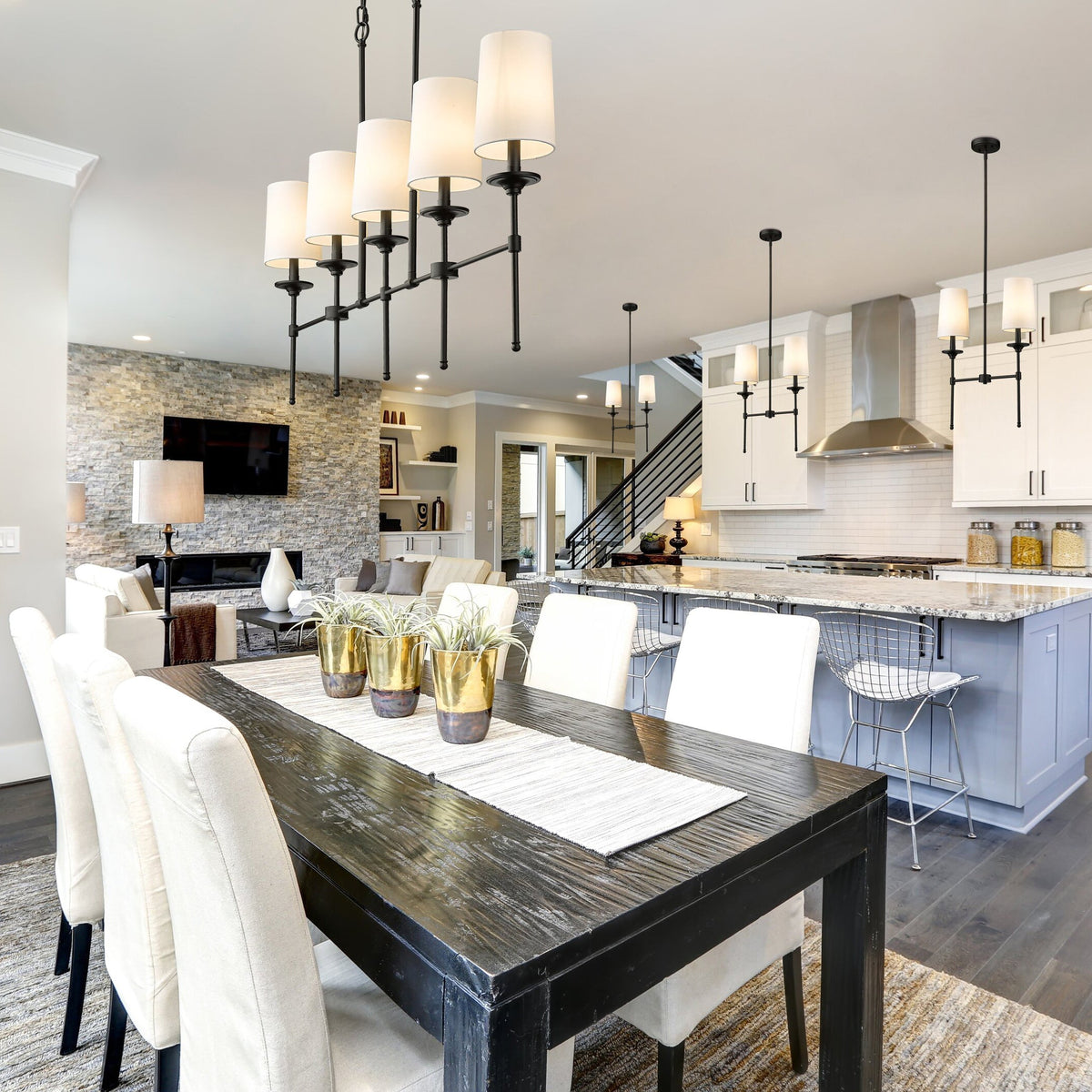 Emily Linear Chandelier – Modern Brass & Fabric Shade Island Light