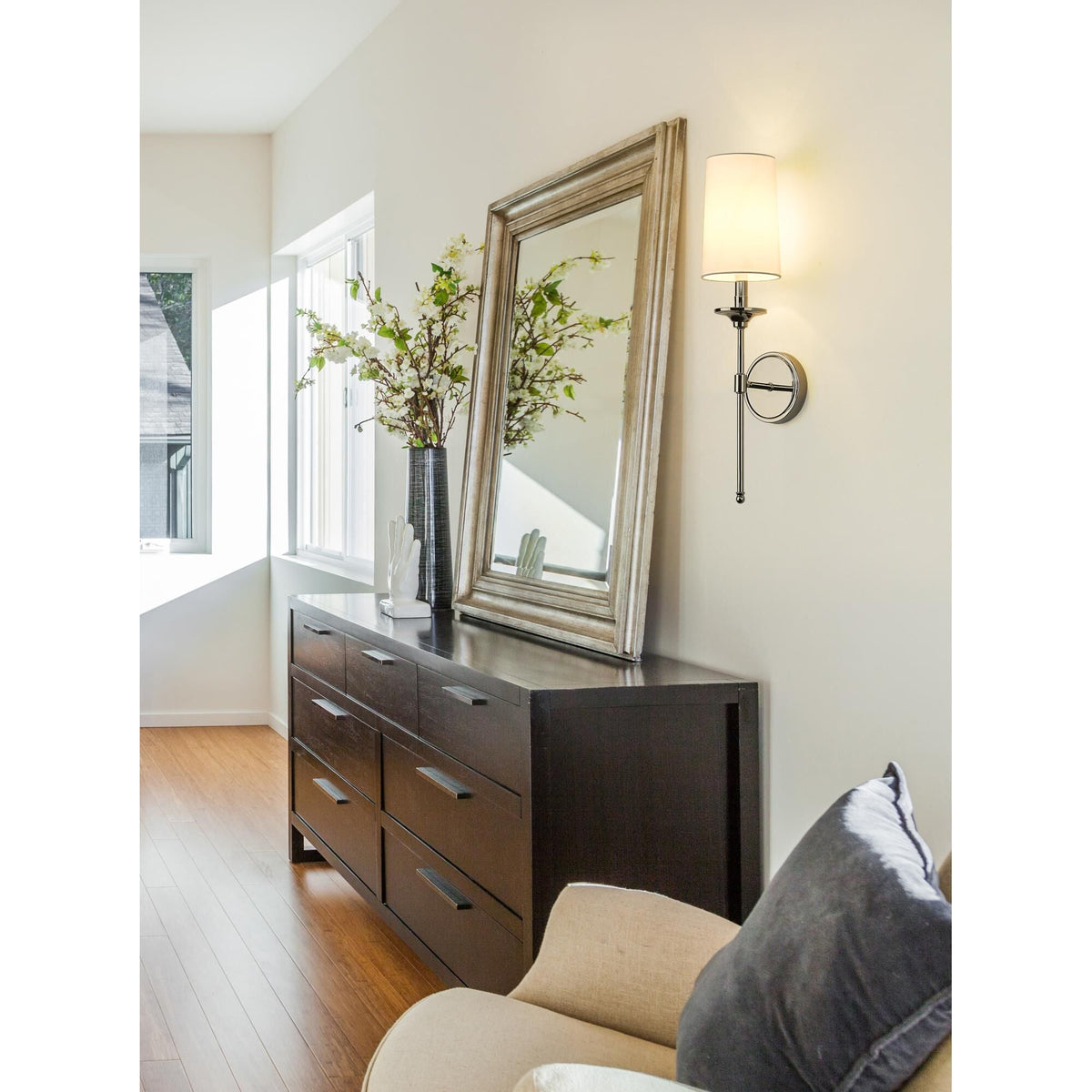 Emily Wall Lamp – Slender Brass Sconce with Fabric Shade