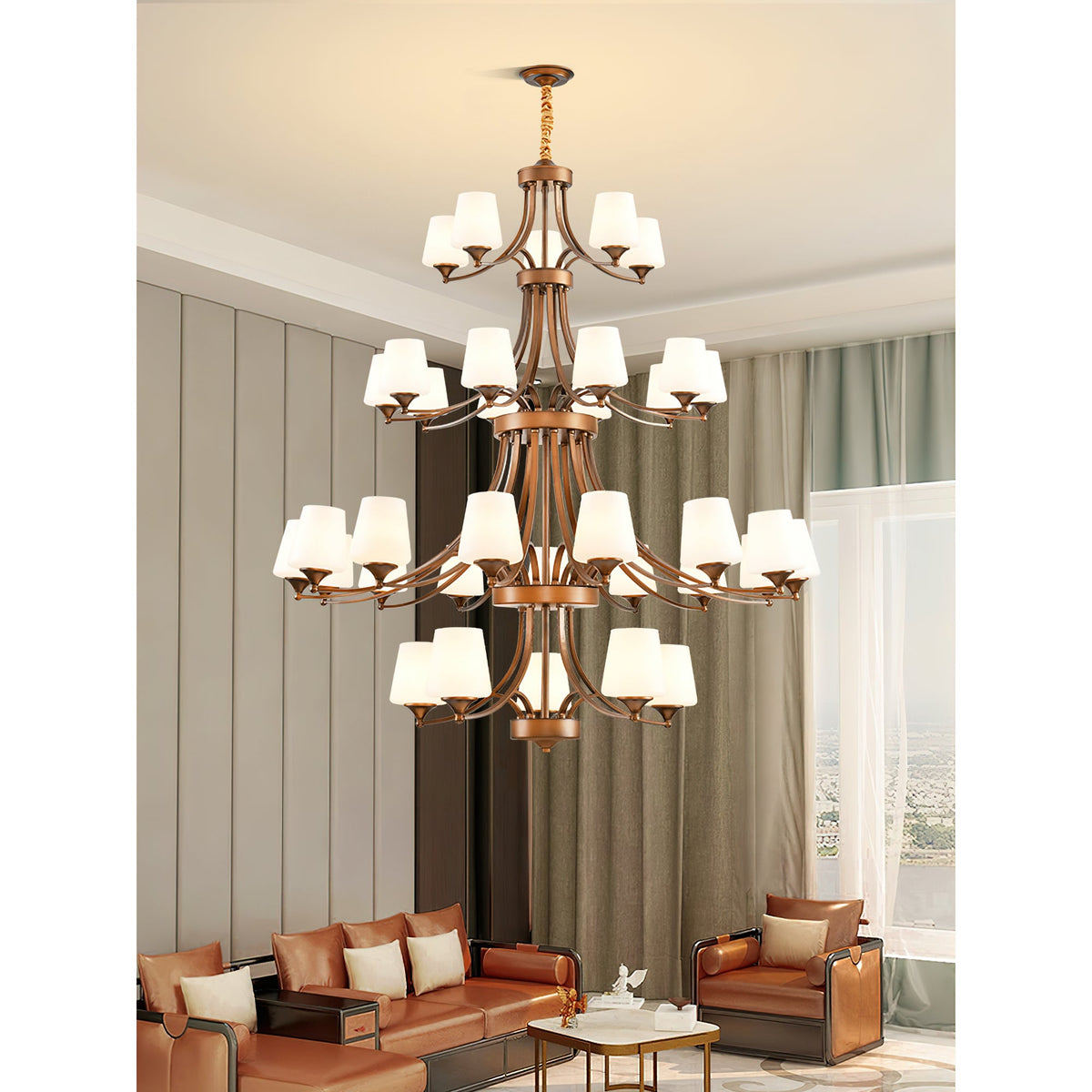 Enclave Chandelier – Antique Brass Multi-Tier Glass Shade Statement Light