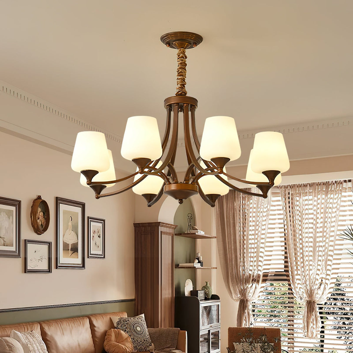 Enclave Chandelier – Antique Brass Multi-Tier Glass Shade Statement Light