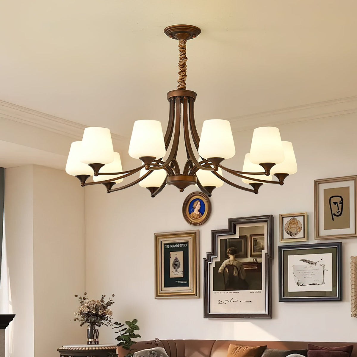 Enclave Chandelier – Antique Brass Multi-Tier Glass Shade Statement Light