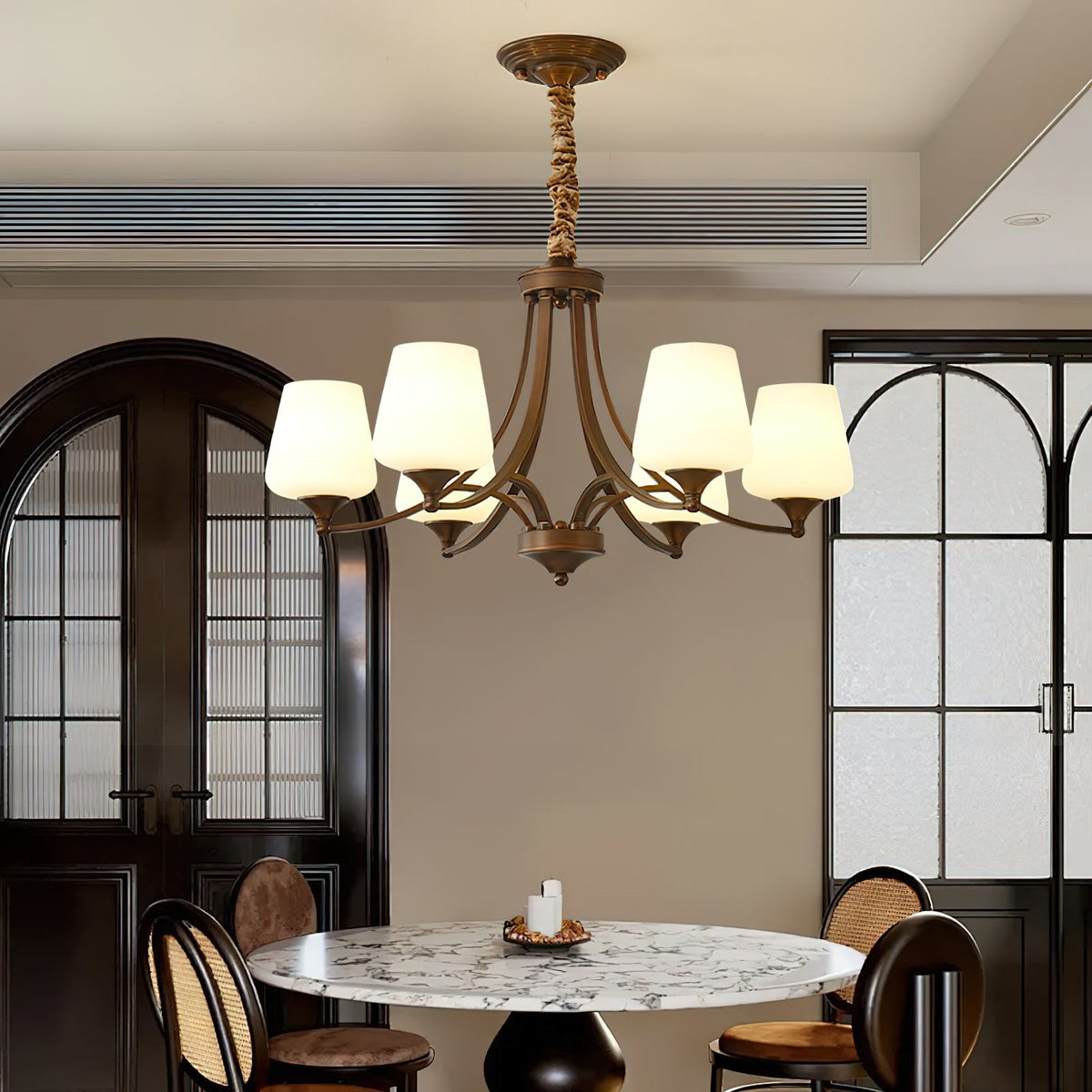 Enclave Chandelier – Antique Brass Multi-Tier Glass Shade Statement Light