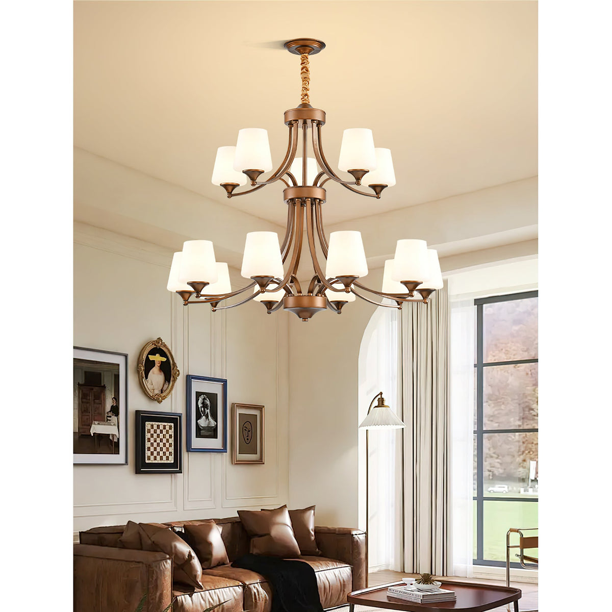 Enclave Chandelier – Antique Brass Multi-Tier Glass Shade Statement Light