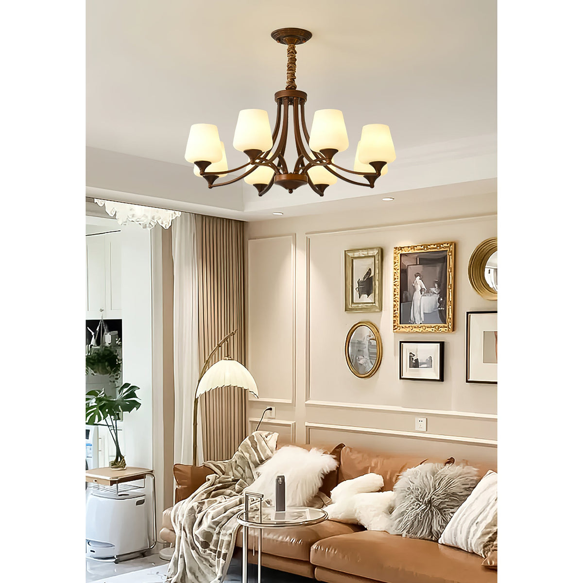 Enclave Chandelier – Antique Brass Multi-Tier Glass Shade Statement Light