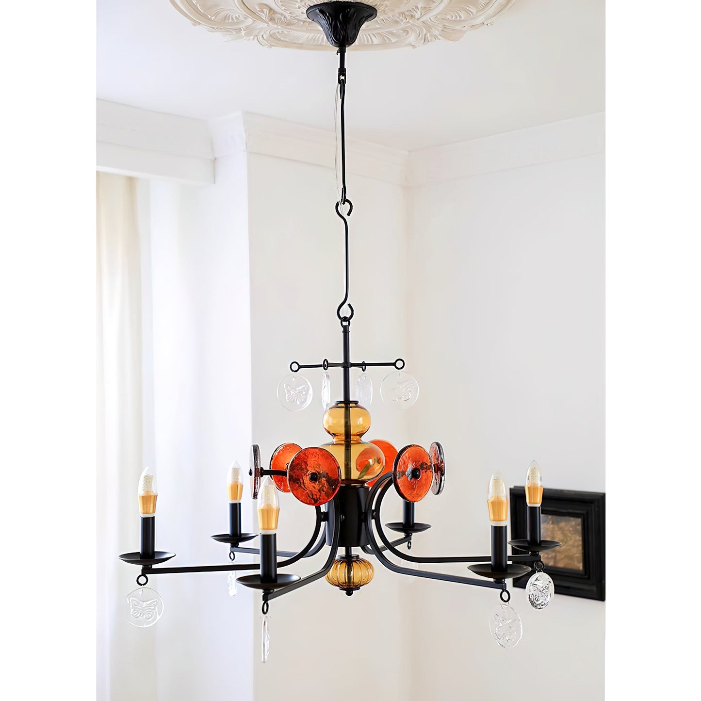 Erik Hoglund Chandelier – Wrought Iron & Blown Glass Medallion Ceiling Light