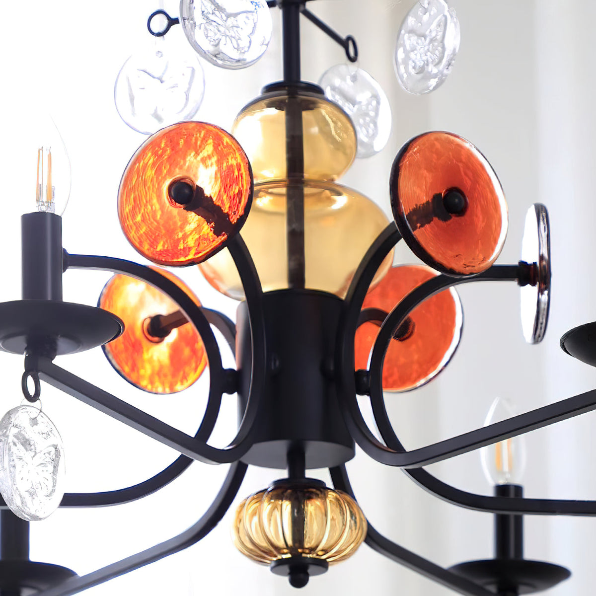Erik Hoglund Chandelier – Wrought Iron & Blown Glass Medallion Ceiling Light