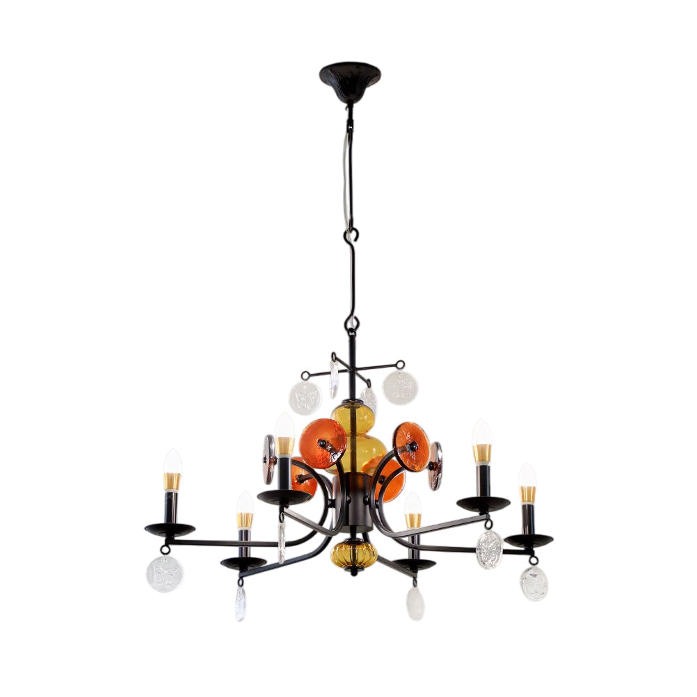 Erik Hoglund Chandelier – Wrought Iron & Blown Glass Medallion Ceiling Light