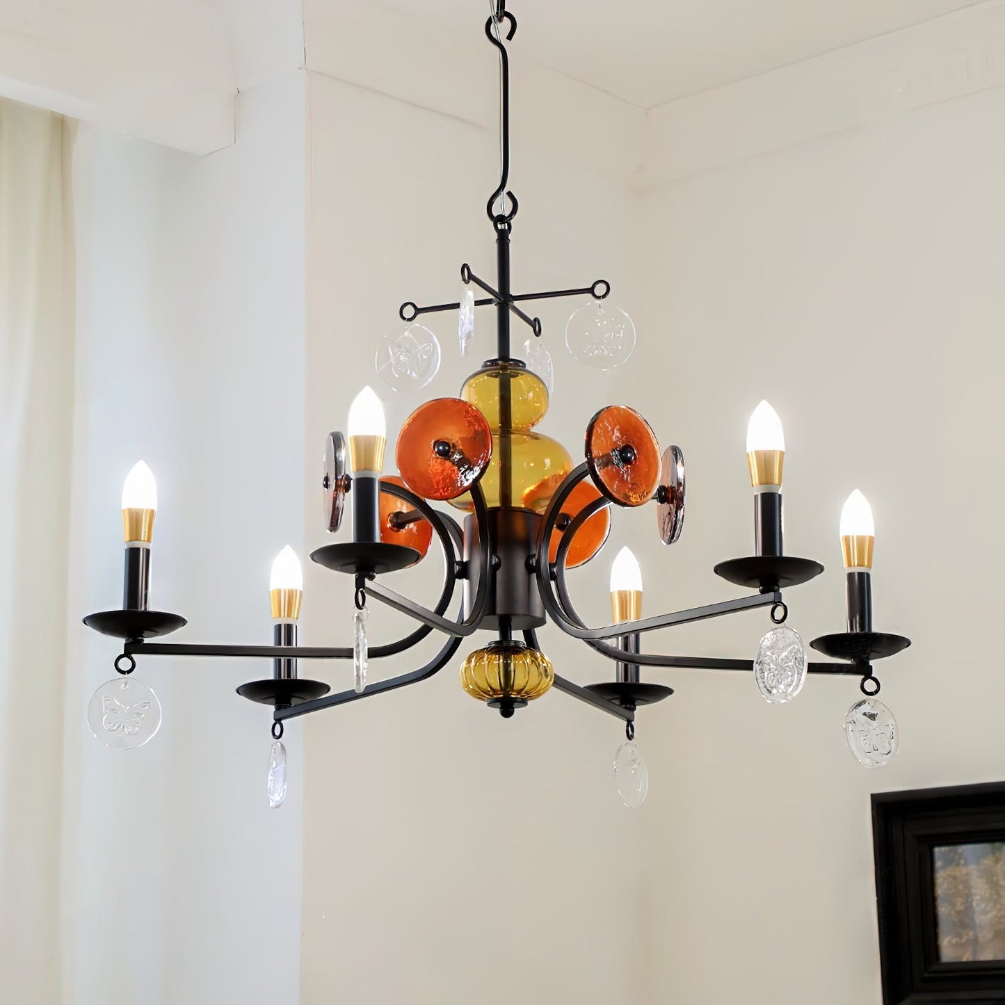Erik Hoglund Chandelier – Wrought Iron & Blown Glass Medallion Ceiling Light