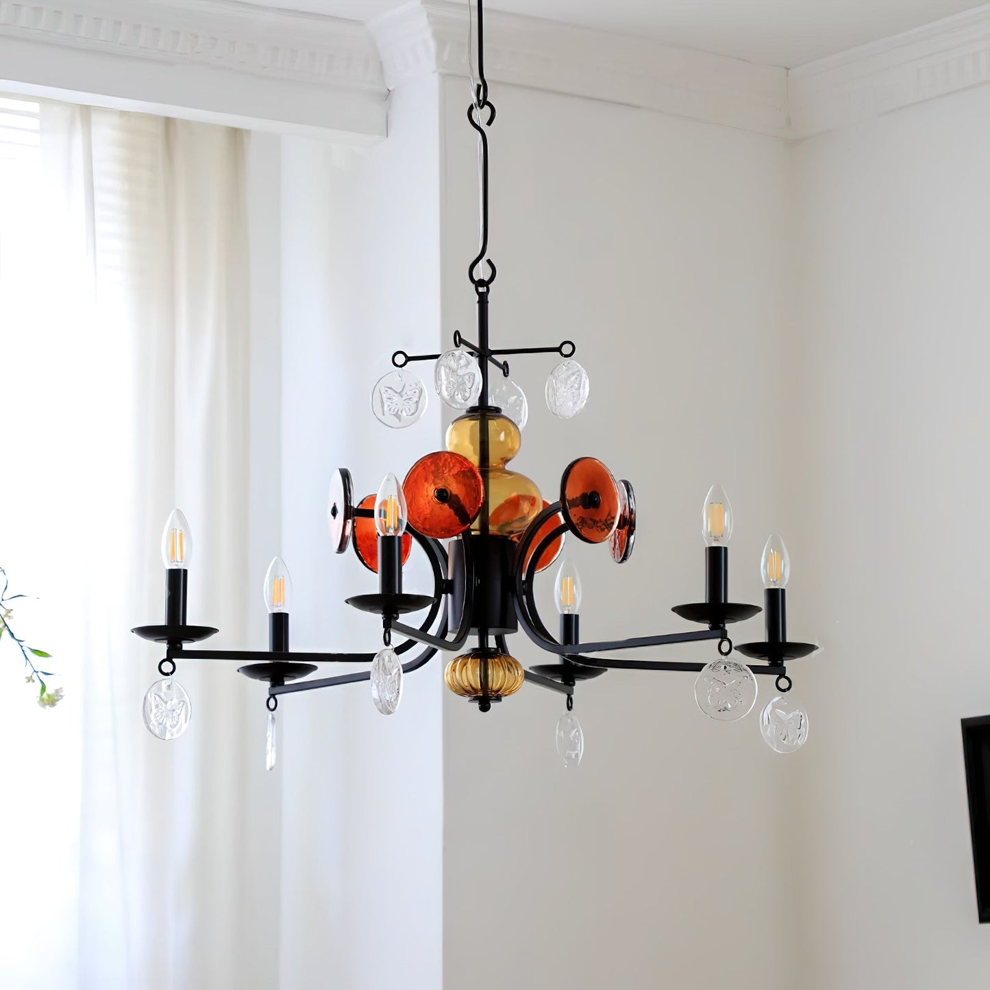 Erik Hoglund Chandelier – Wrought Iron & Blown Glass Medallion Ceiling Light